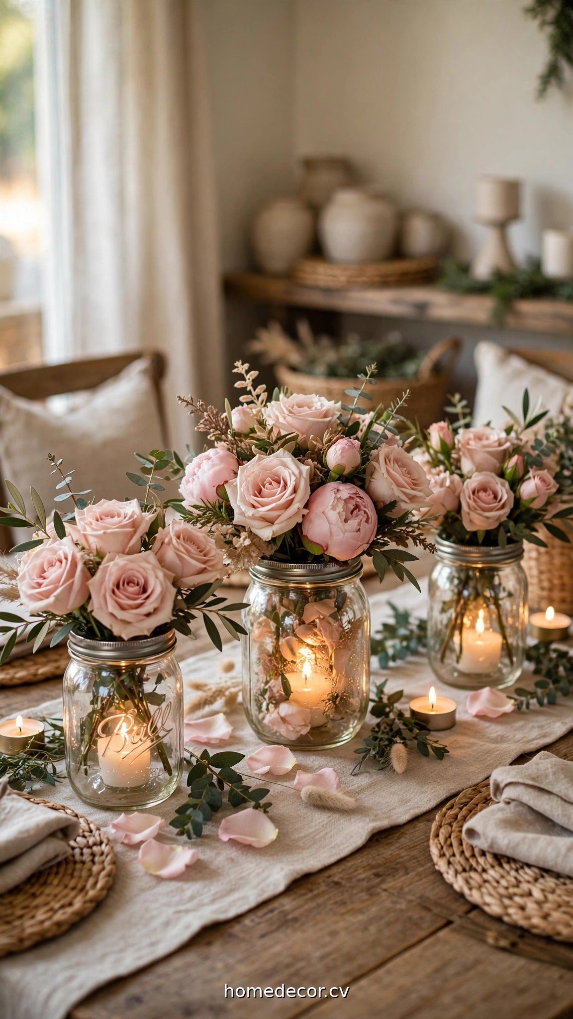Elegant mason jar wedding centerpieces with candles and blush roses
