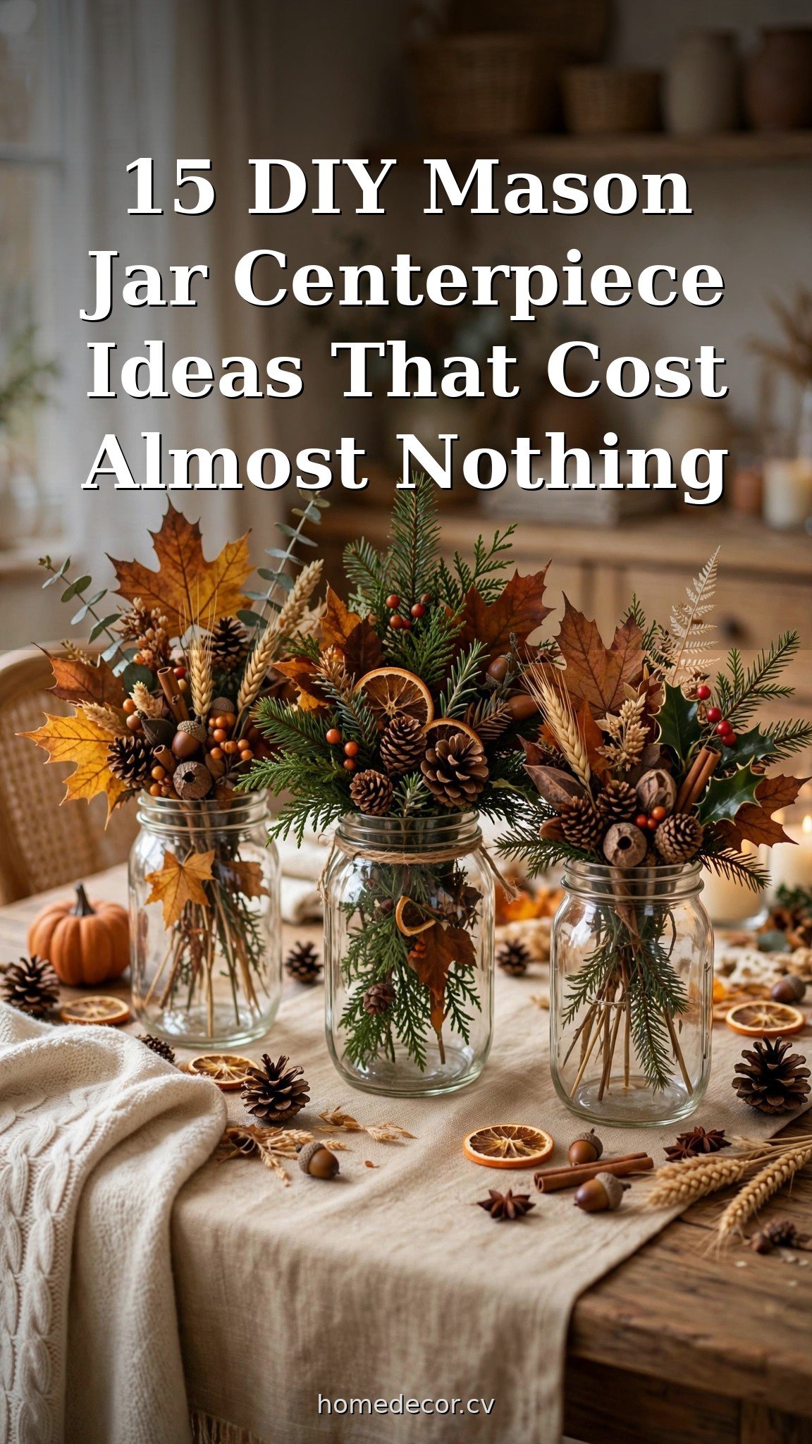 Pinterest pin: 15 DIY Mason Jar Centerpiece Ideas That Cost Almost Nothing