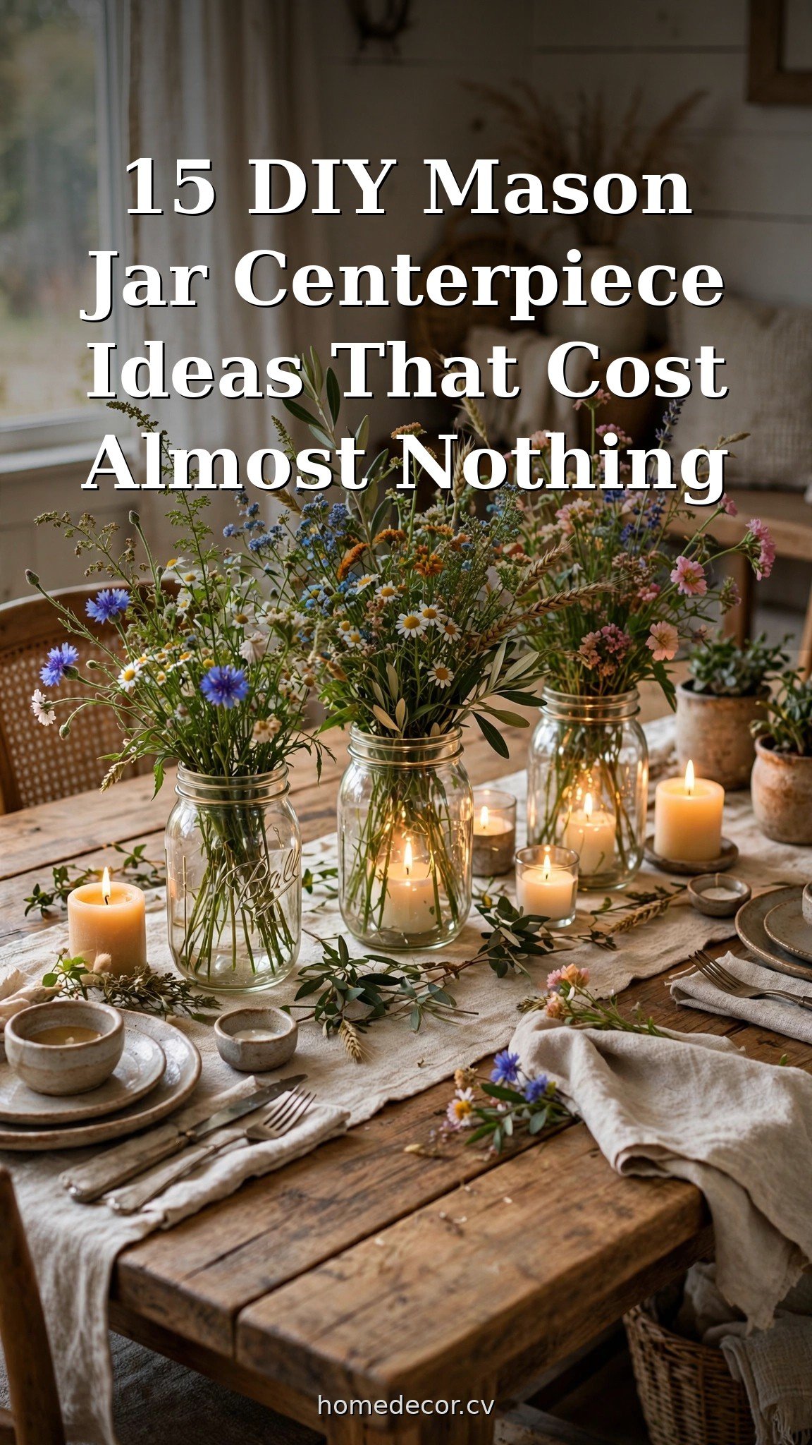 Pinterest pin: 15 DIY Mason Jar Centerpiece Ideas That Cost Almost Nothing