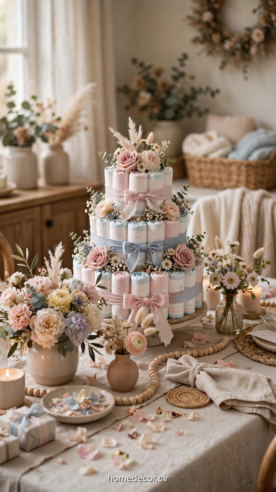 Pastel floral baby shower centerpieces with diaper cake on party table