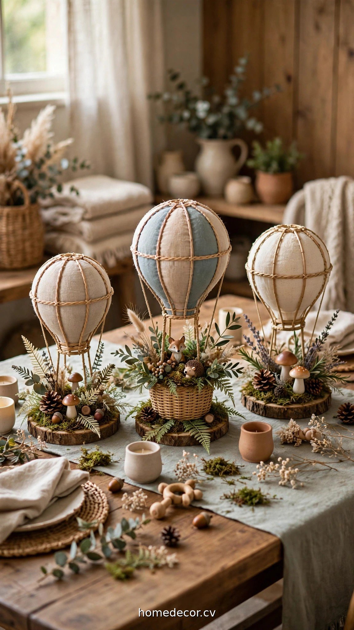 Themed baby shower centerpieces with hot air balloon and woodland decorations