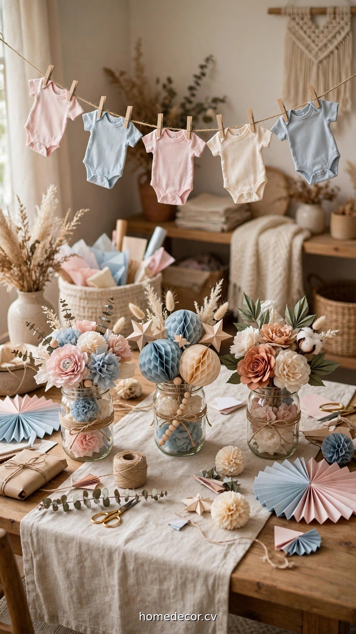 DIY baby shower centerpieces with onesie banner and paper decorations