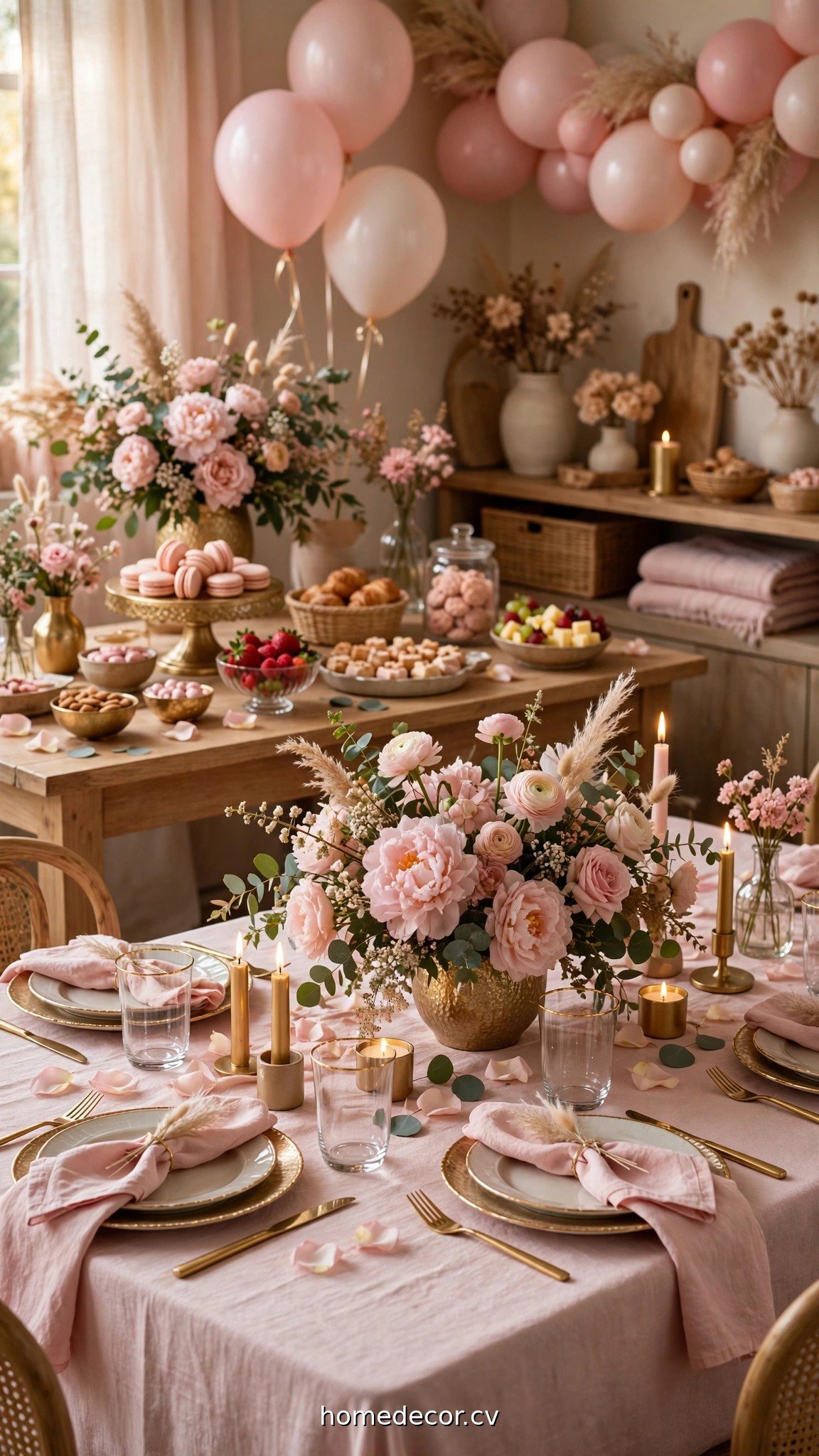 Blush pink girl baby shower table with gold accents and floral centerpieces