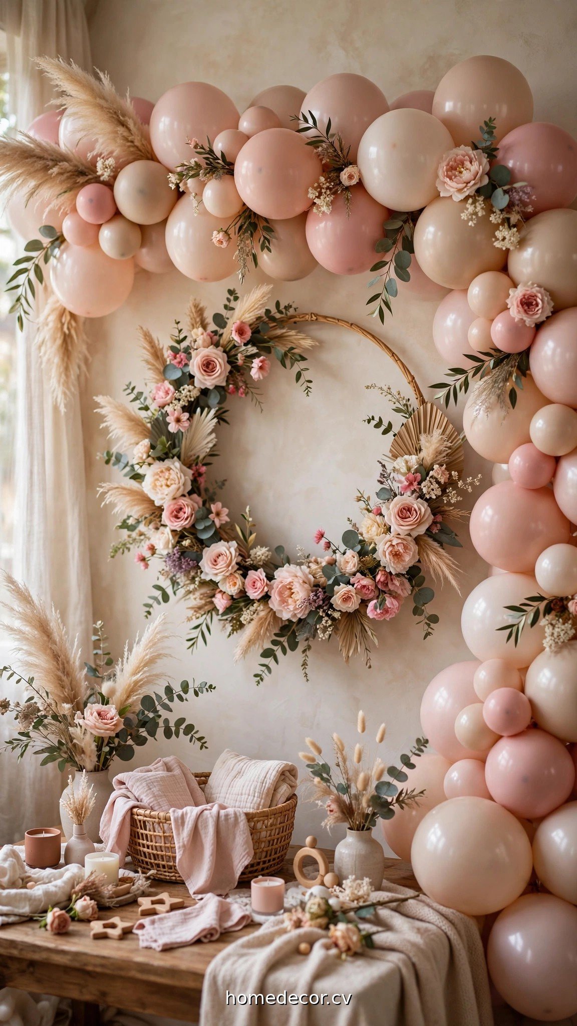 Blush balloon garland backdrop with floral hoop for girl baby shower photos