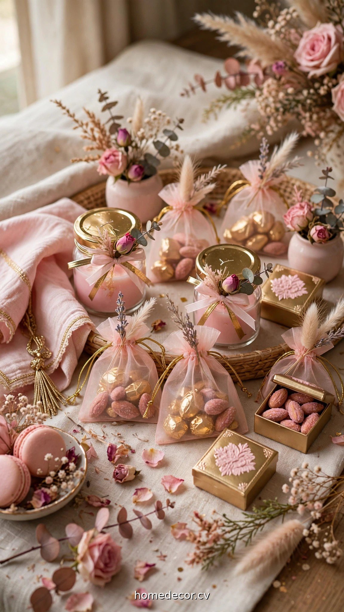 Pink and gold girl baby shower favors with floral details