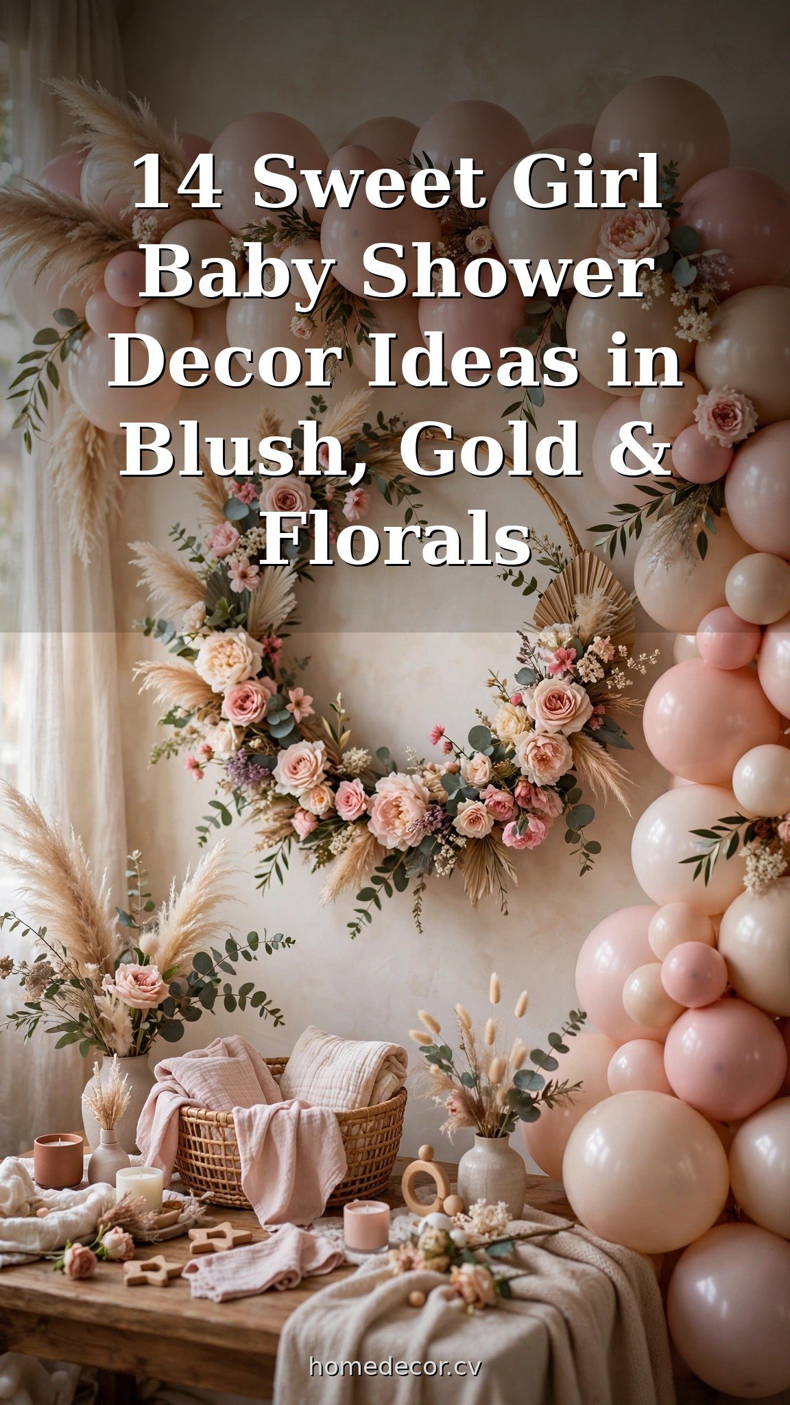 Pinterest pin: 14 Sweet Girl Baby Shower Decor Ideas in Blush, Gold & Florals