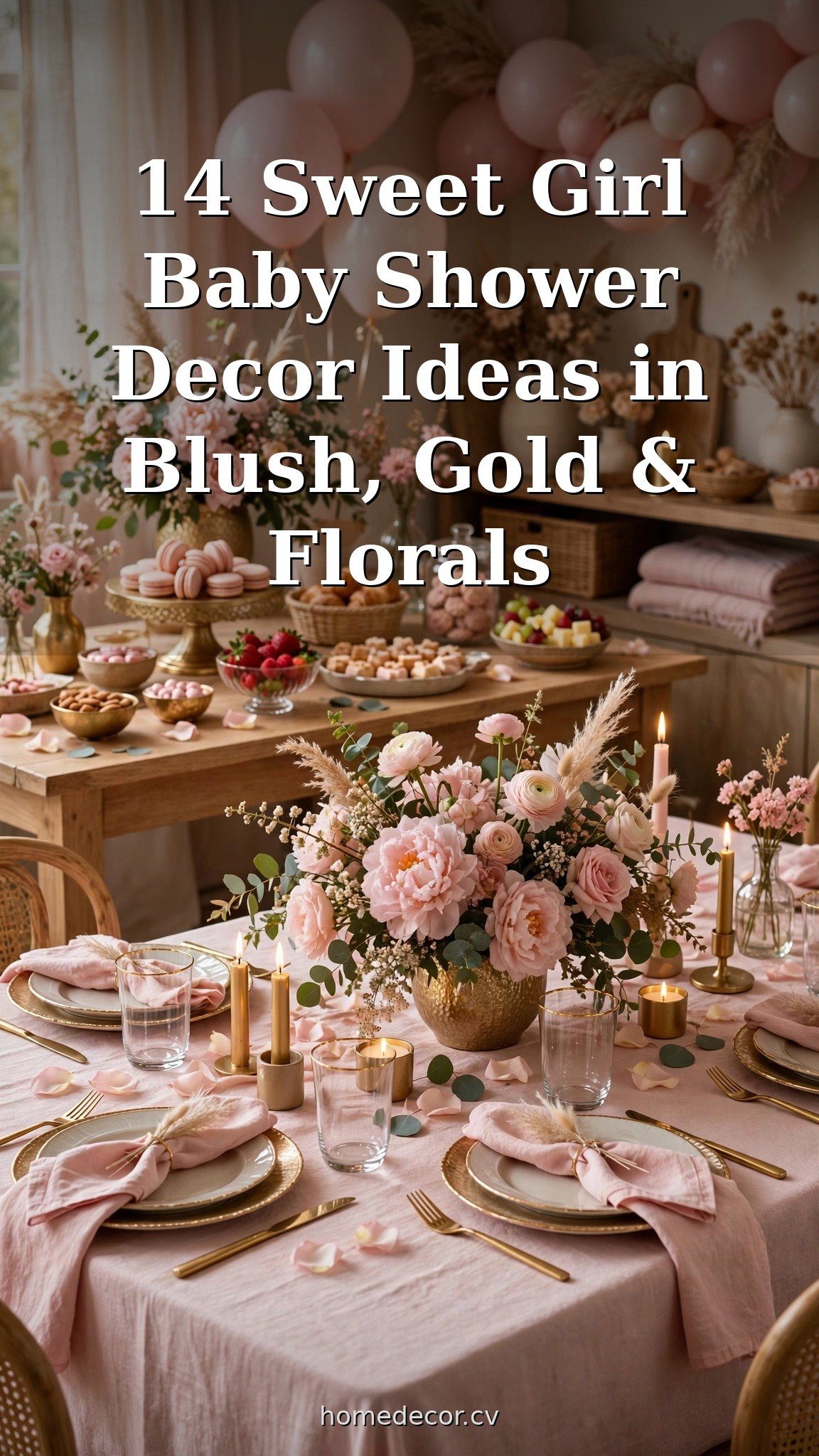 Pinterest pin: 14 Sweet Girl Baby Shower Decor Ideas in Blush, Gold & Florals