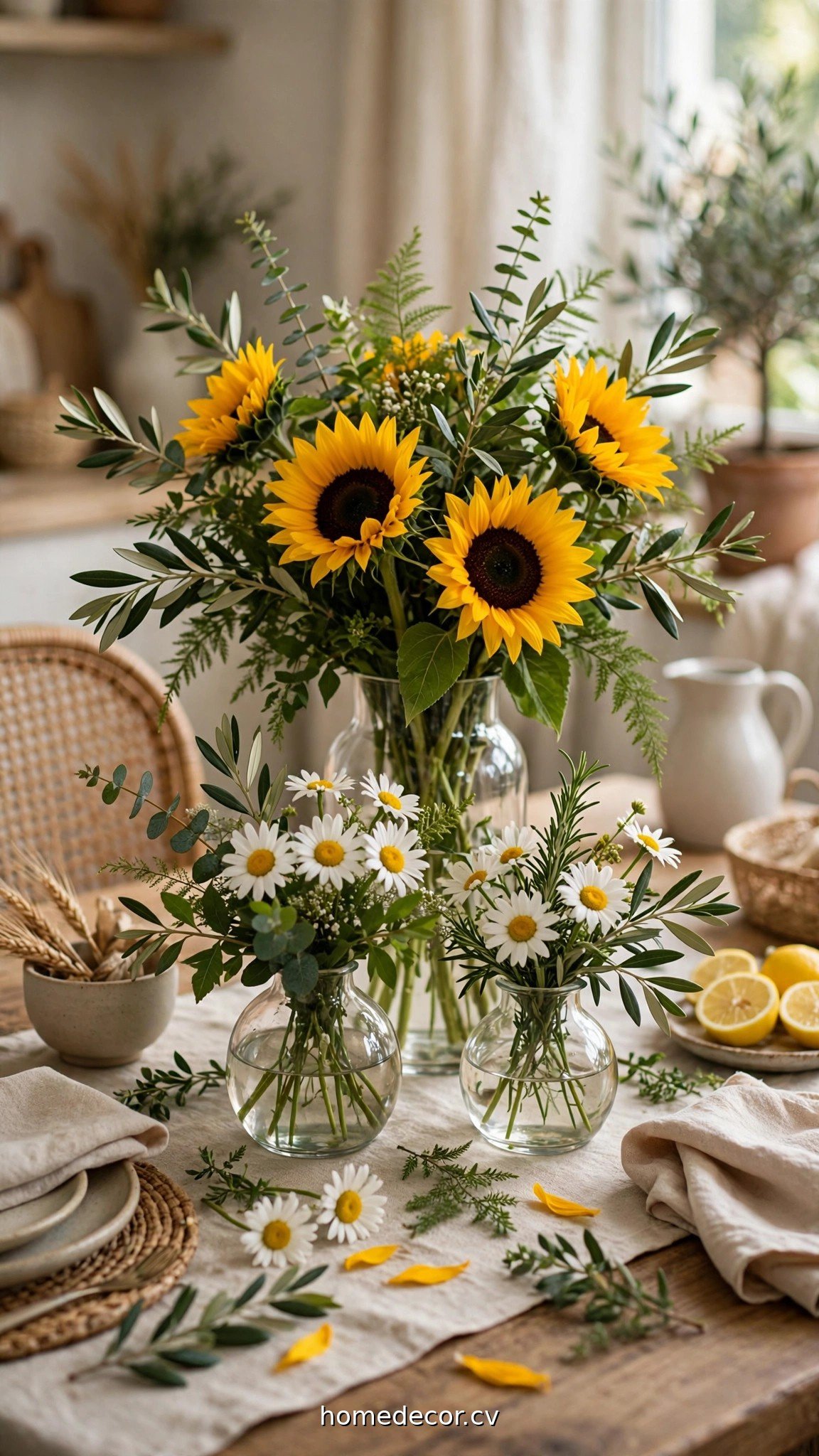 Summer table centerpiece with sunflowers, daisies and greenery in glass vases
