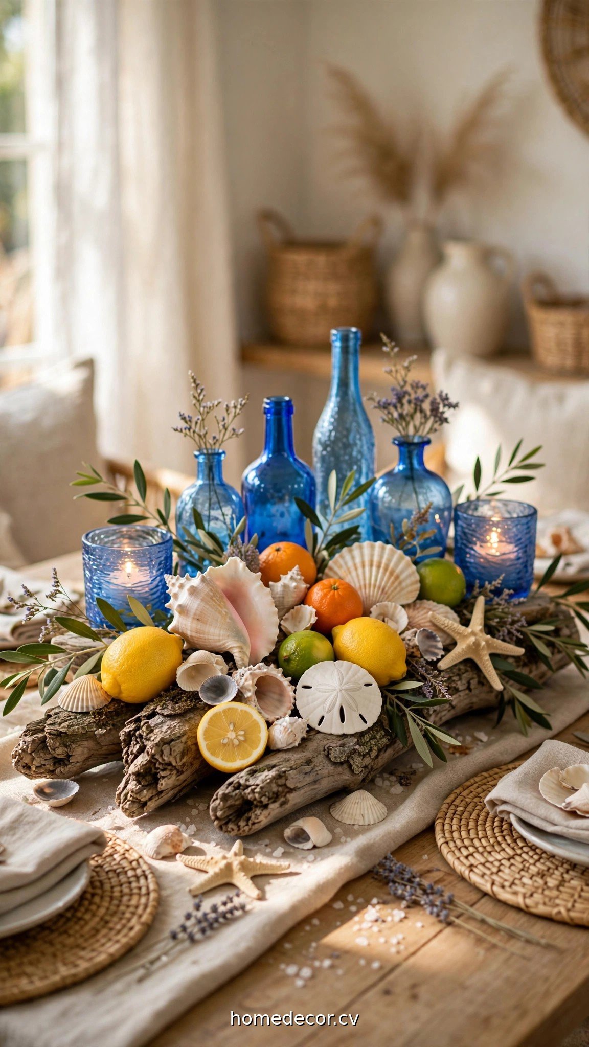 Coastal summer centerpiece with shells, driftwood and blue glass