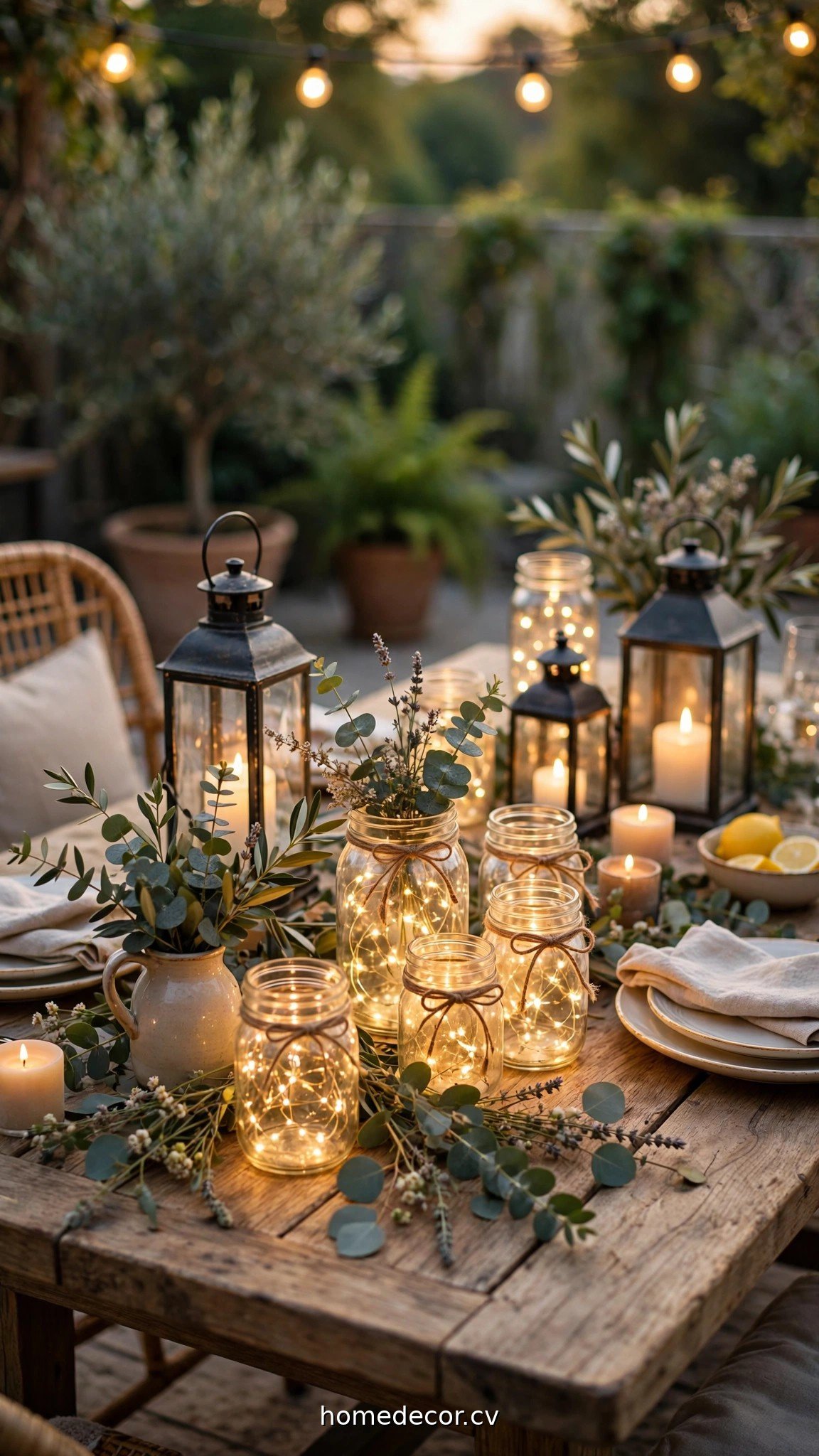 Outdoor summer party table with lanterns and mason jar lights