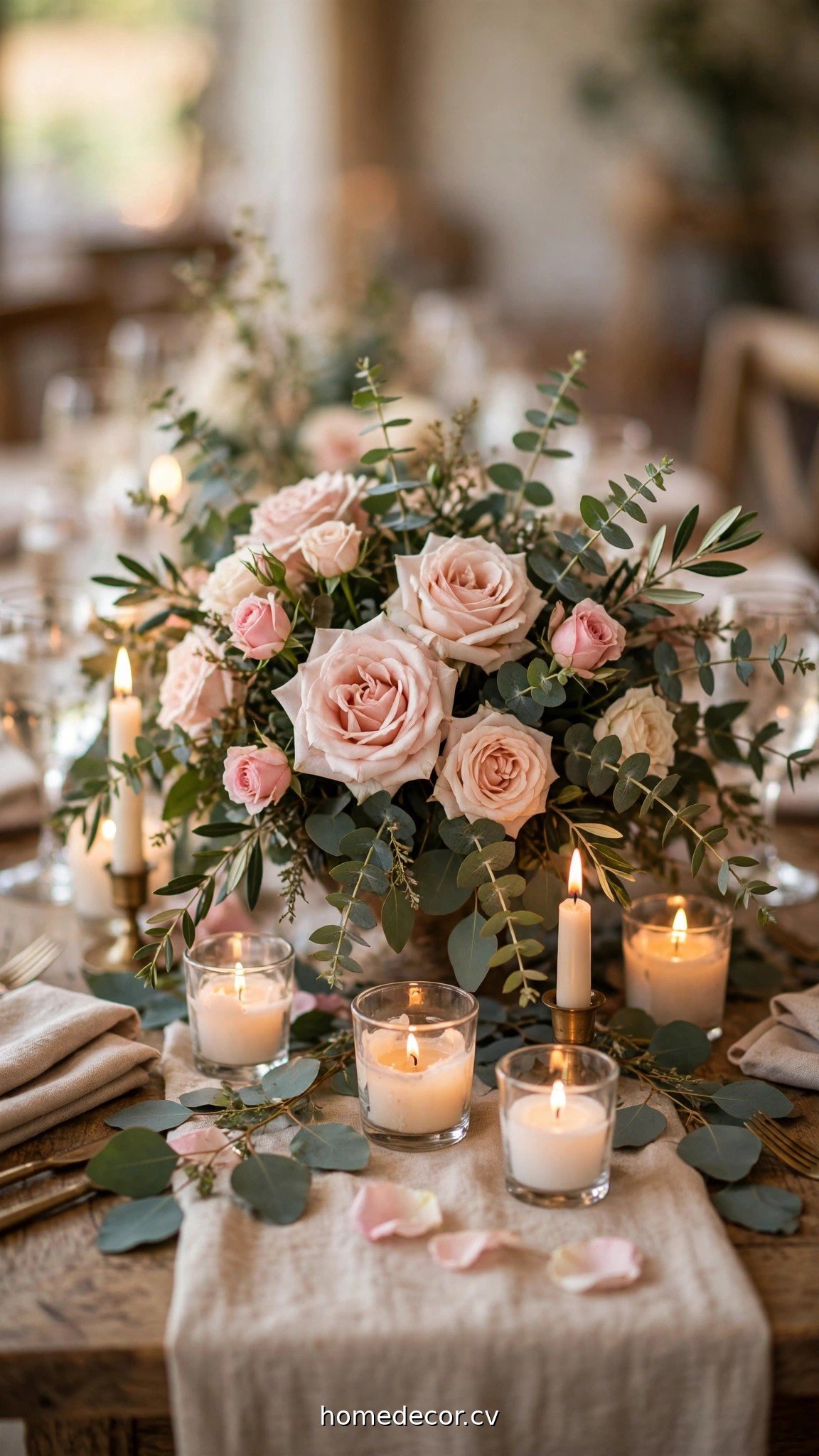 Low romantic wedding centerpieces with roses, eucalyptus and candles