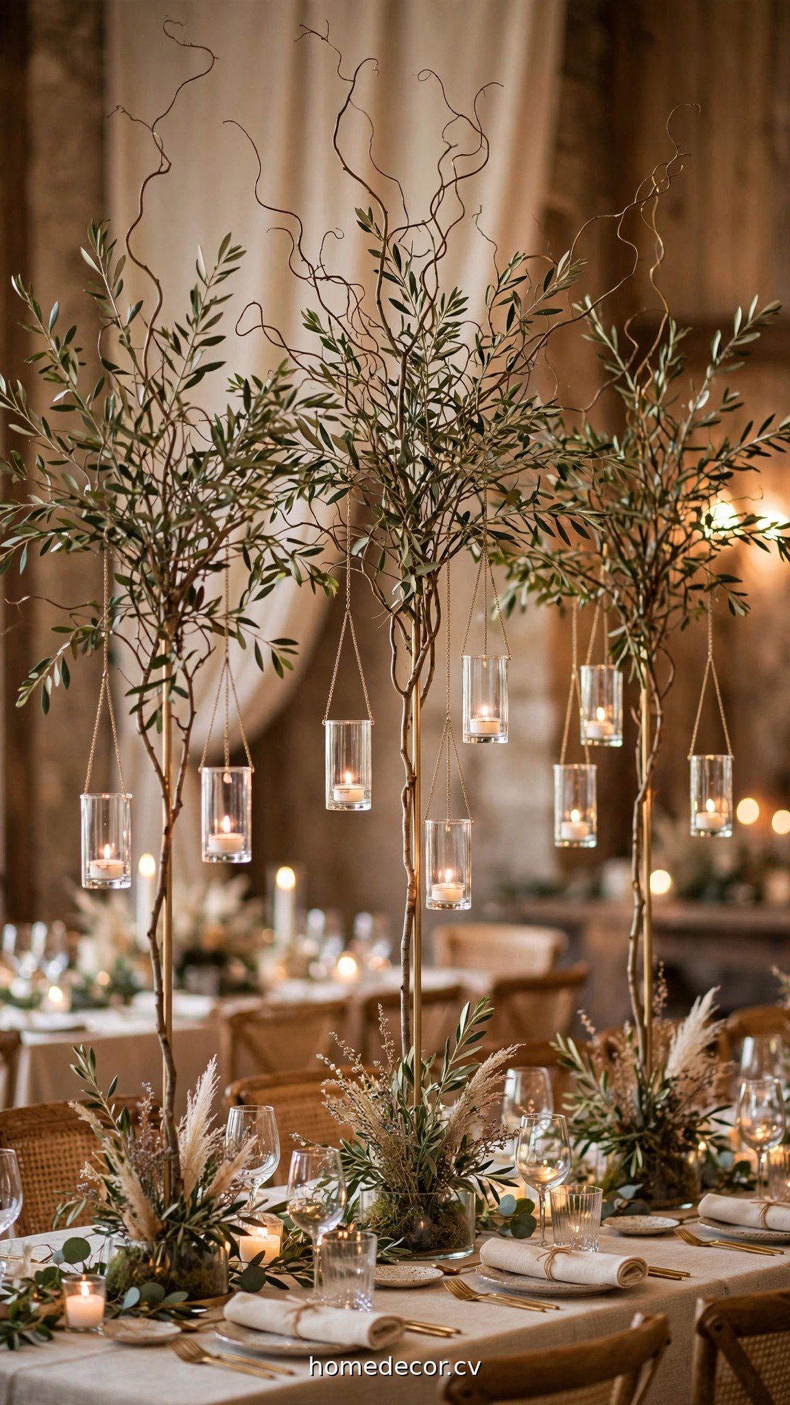 Tall wedding centerpieces with branches and hanging candles