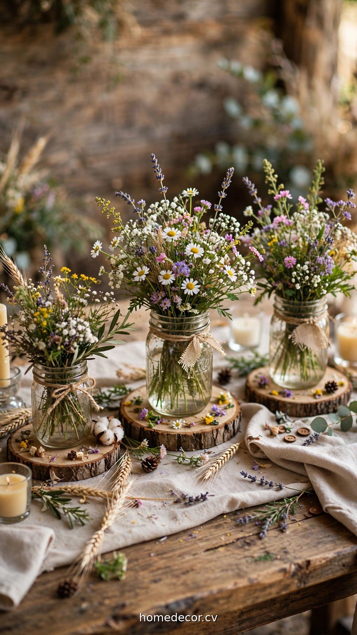 Rustic wedding centerpieces with mason jars, wood slices and wildflowers