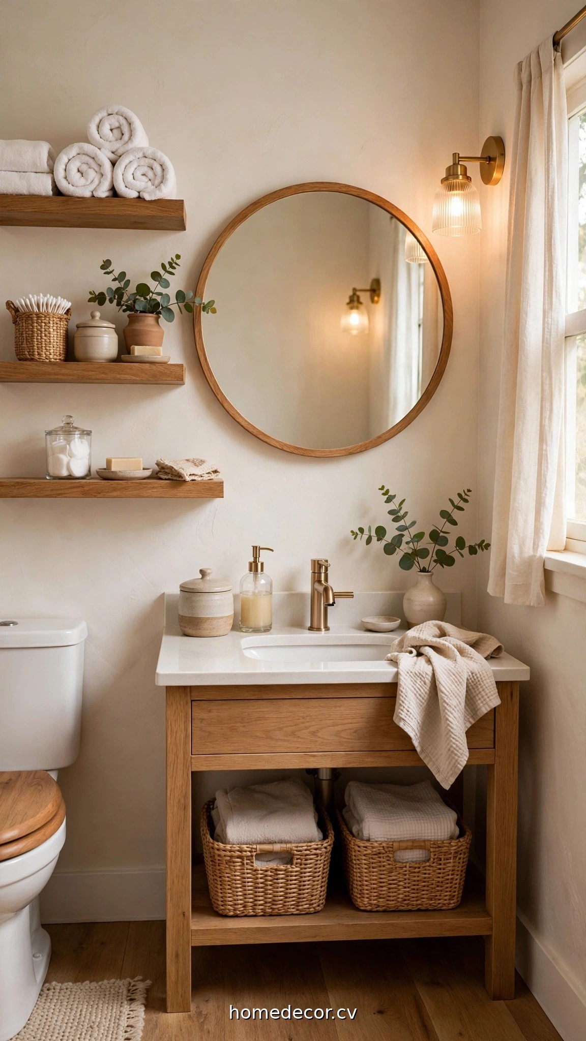 Small bathroom with floating shelves, large mirror and light walls