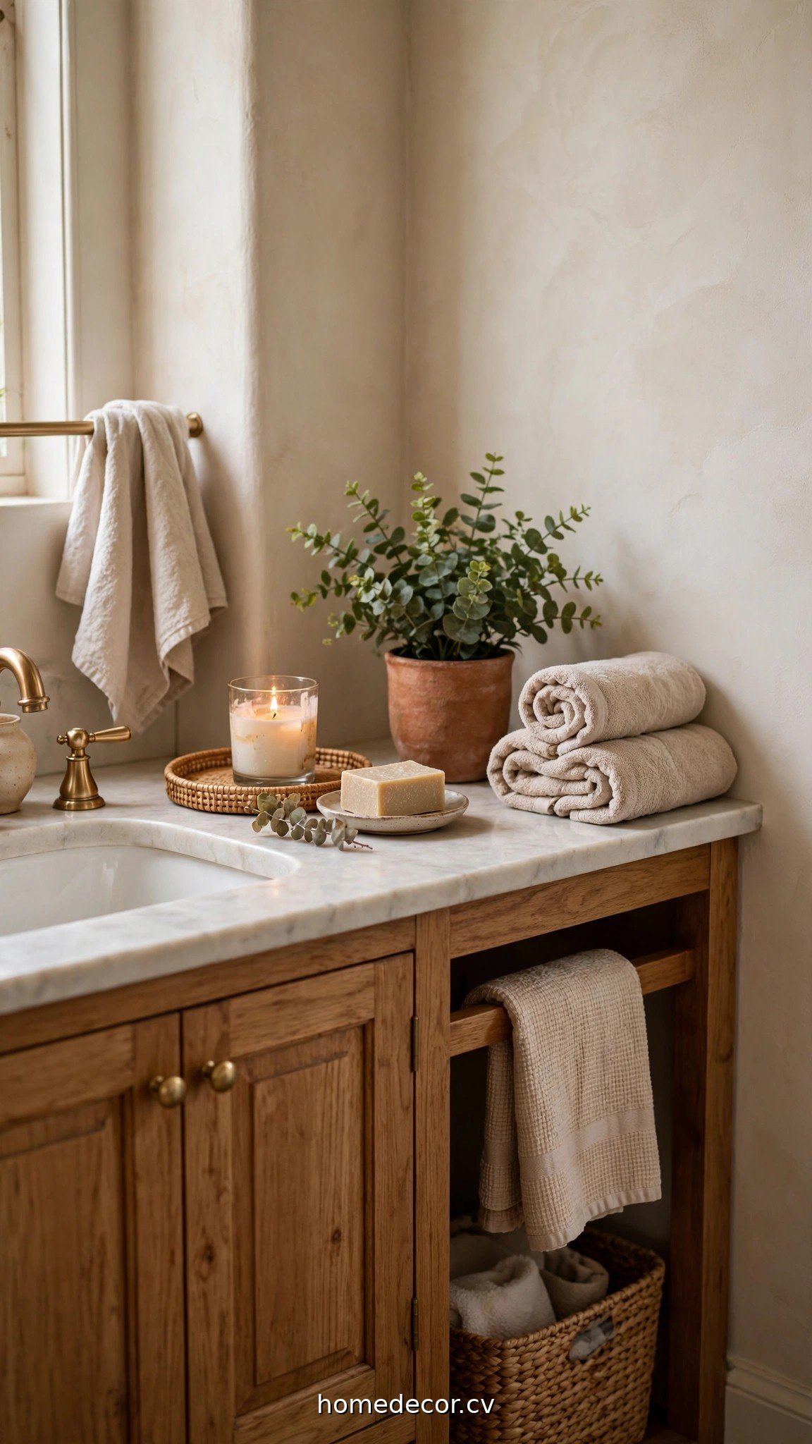 Styled small bathroom vanity with tray, plant and rolled towels