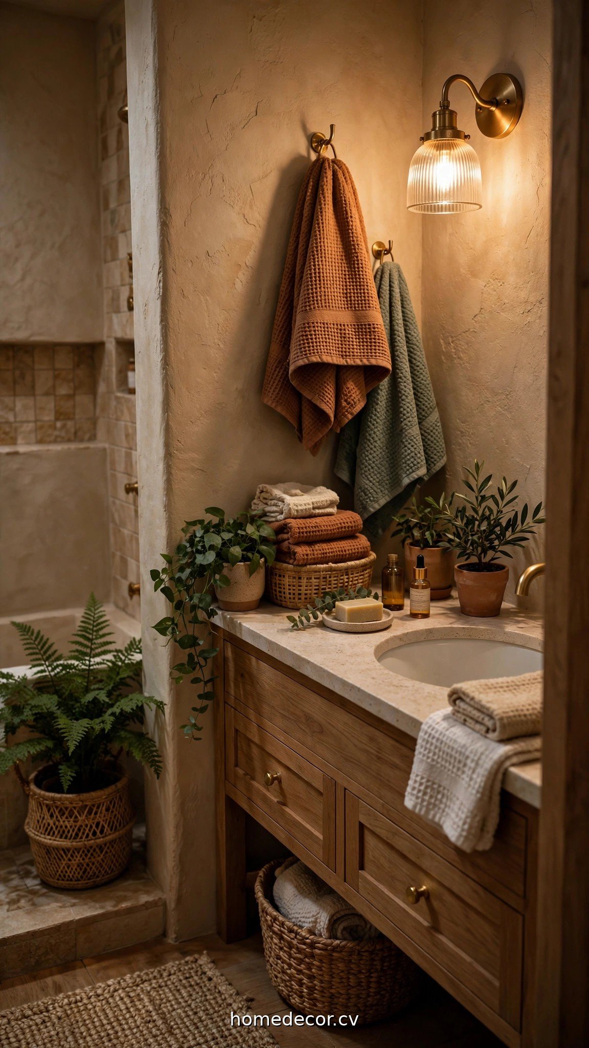 Small bathroom with plants, textured towels and warm lighting details
