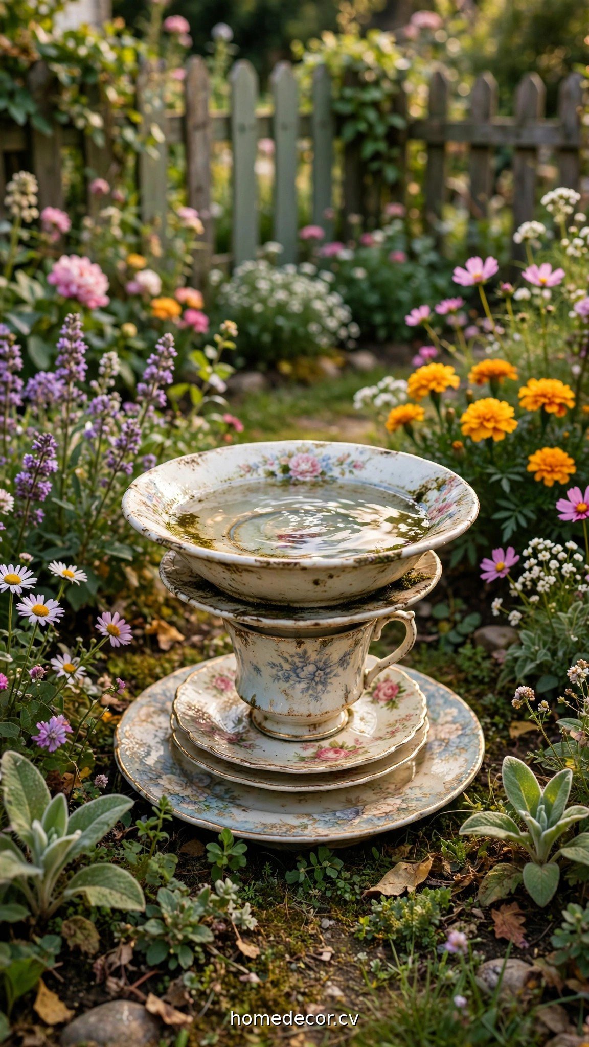 Upcycled DIY bird bath made from vintage dishes in a flower garden