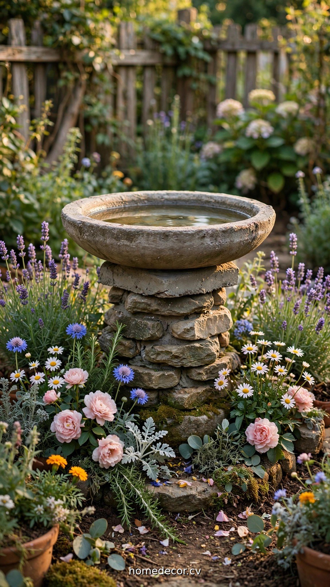 Stone pedestal DIY bird bath surrounded by garden flowers