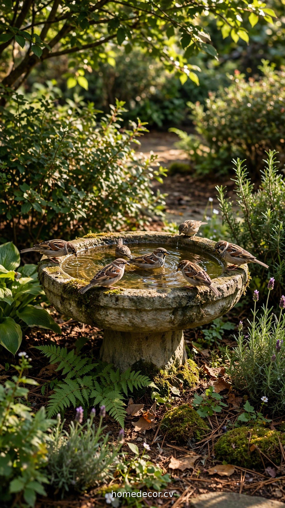 Bird bath in ideal garden spot near shrubs with dappled shade