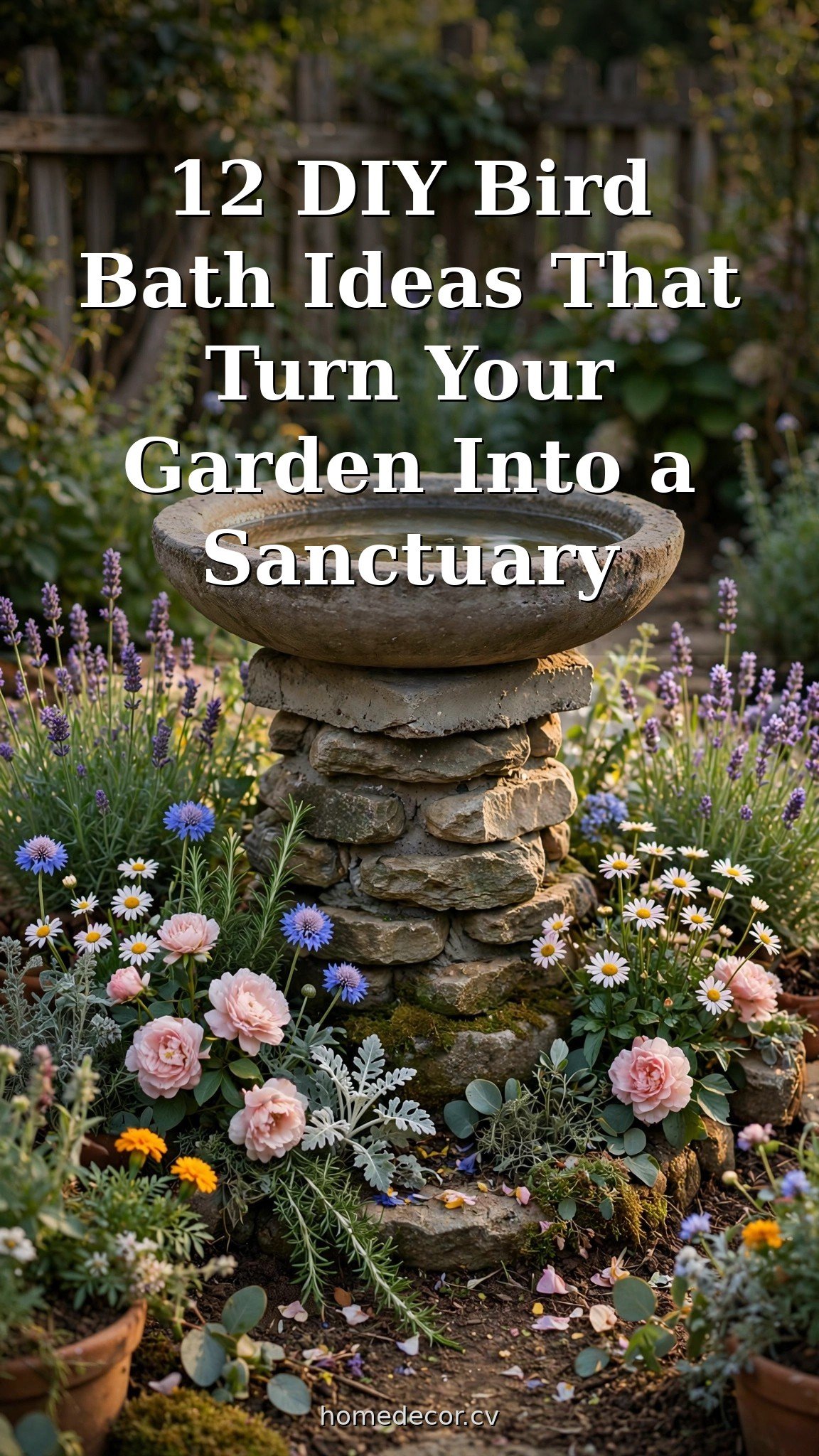 Pinterest pin: 12 DIY Bird Bath Ideas That Turn Your Garden Into a Sanctuary