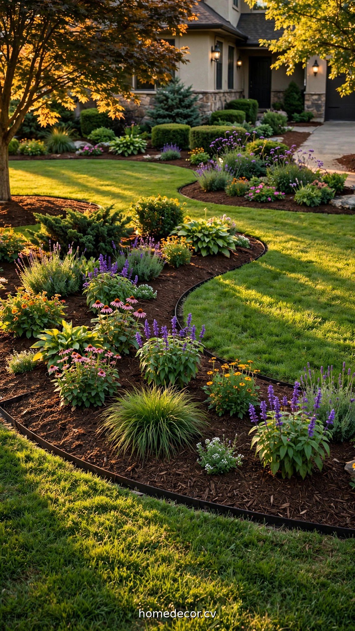 Front yard with defined mulch beds, edged lawn and curved flower borders