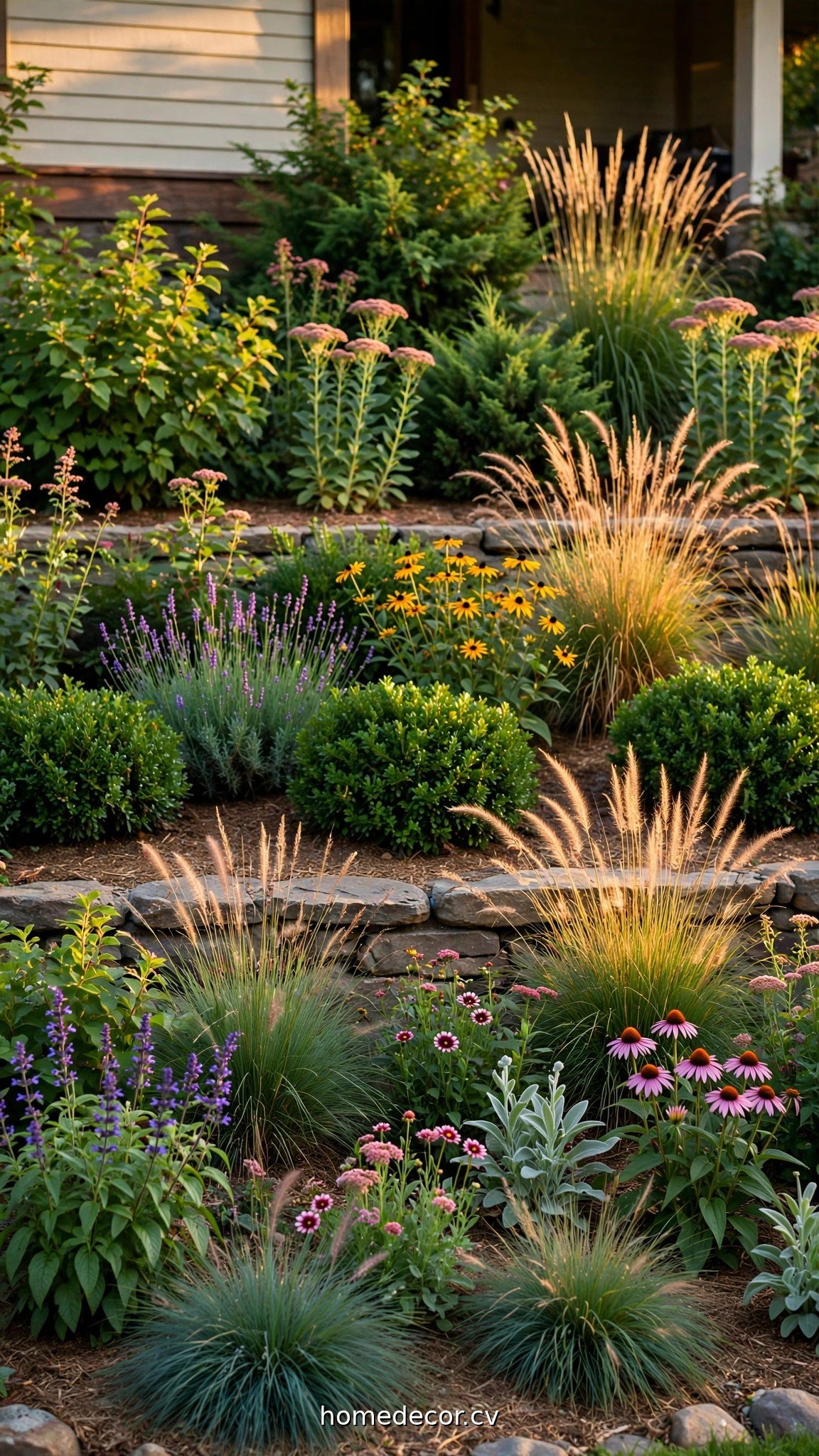 Layered front yard flower beds with shrubs, perennials and ornamental grasses