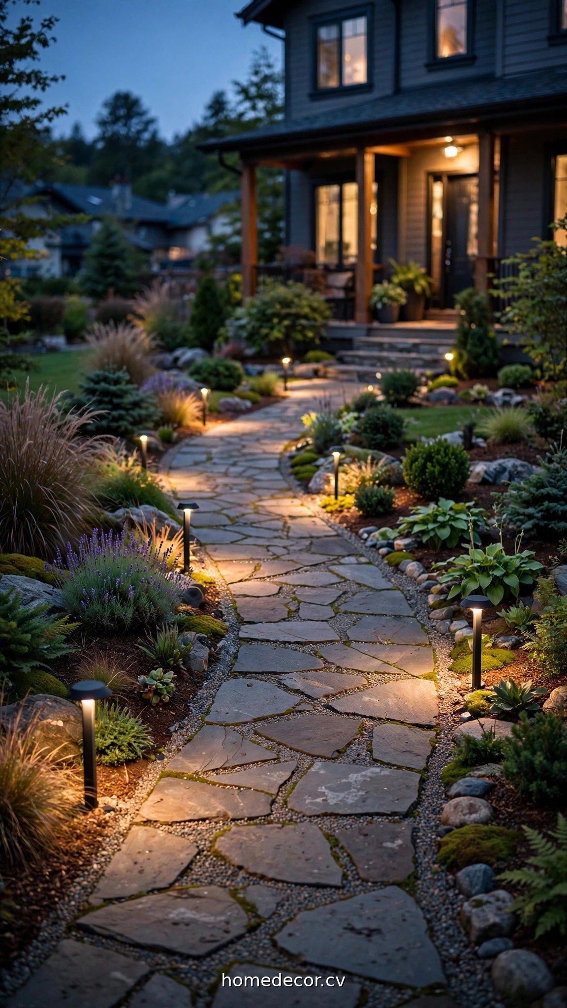 Front yard walkway with landscape lighting glowing at dusk