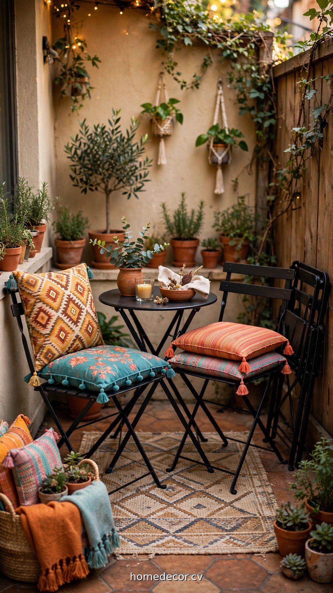 Compact bistro set with colorful cushions on a small decorated patio