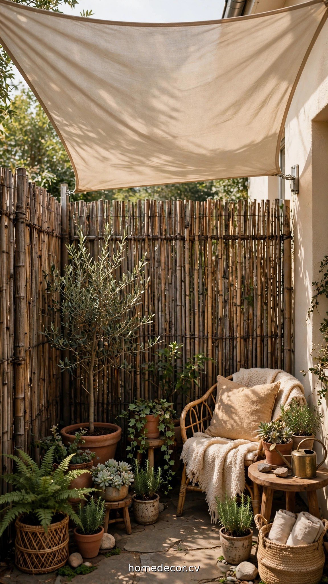 Small patio with bamboo privacy screen, shade sail and potted plants