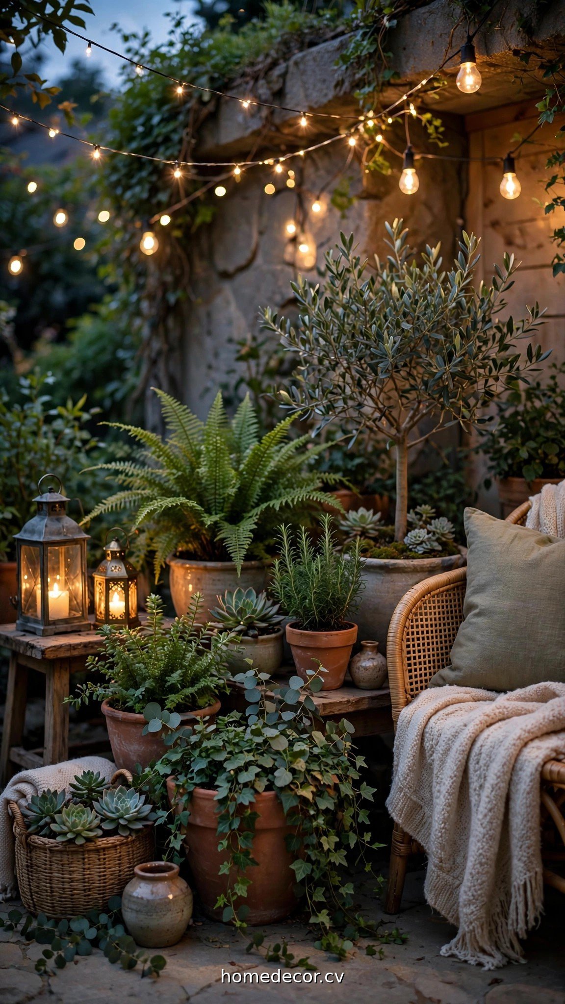 Small patio at dusk with string lights, lanterns and lush container plants