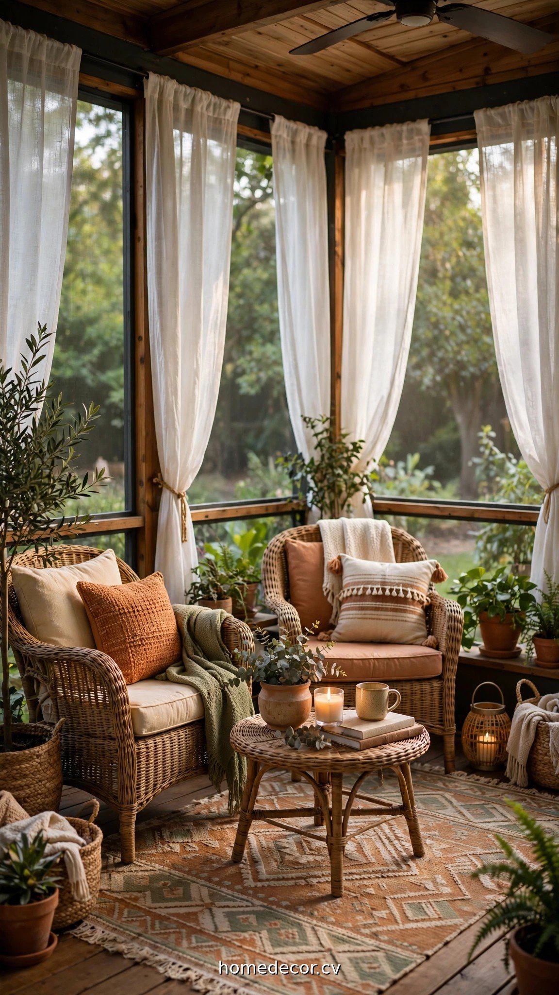 A cozy screened in porch with wicker chairs, an outdoor rug and sheer curtains