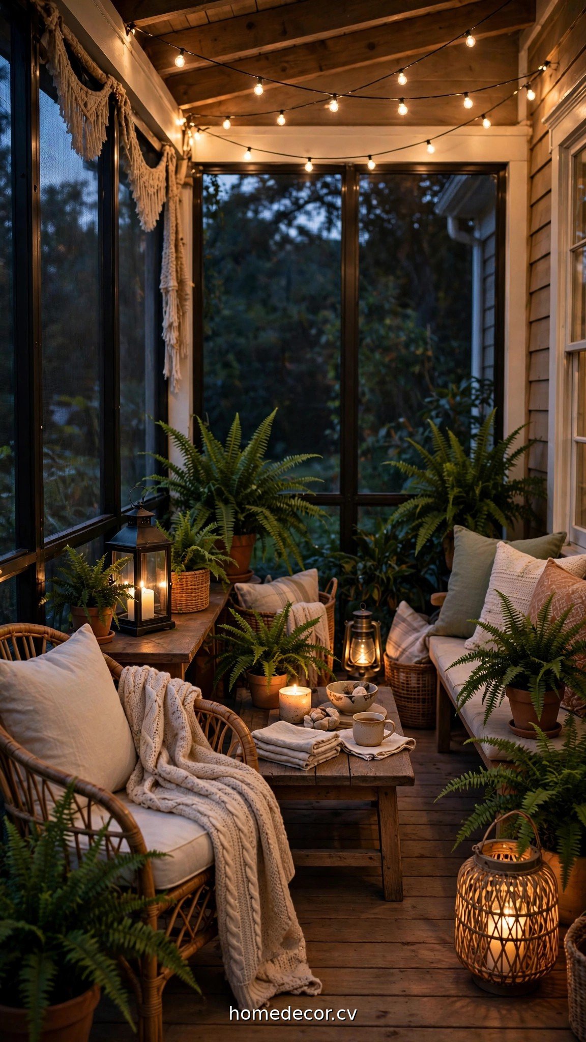 Screened porch evening scene with string lights, lanterns and potted ferns