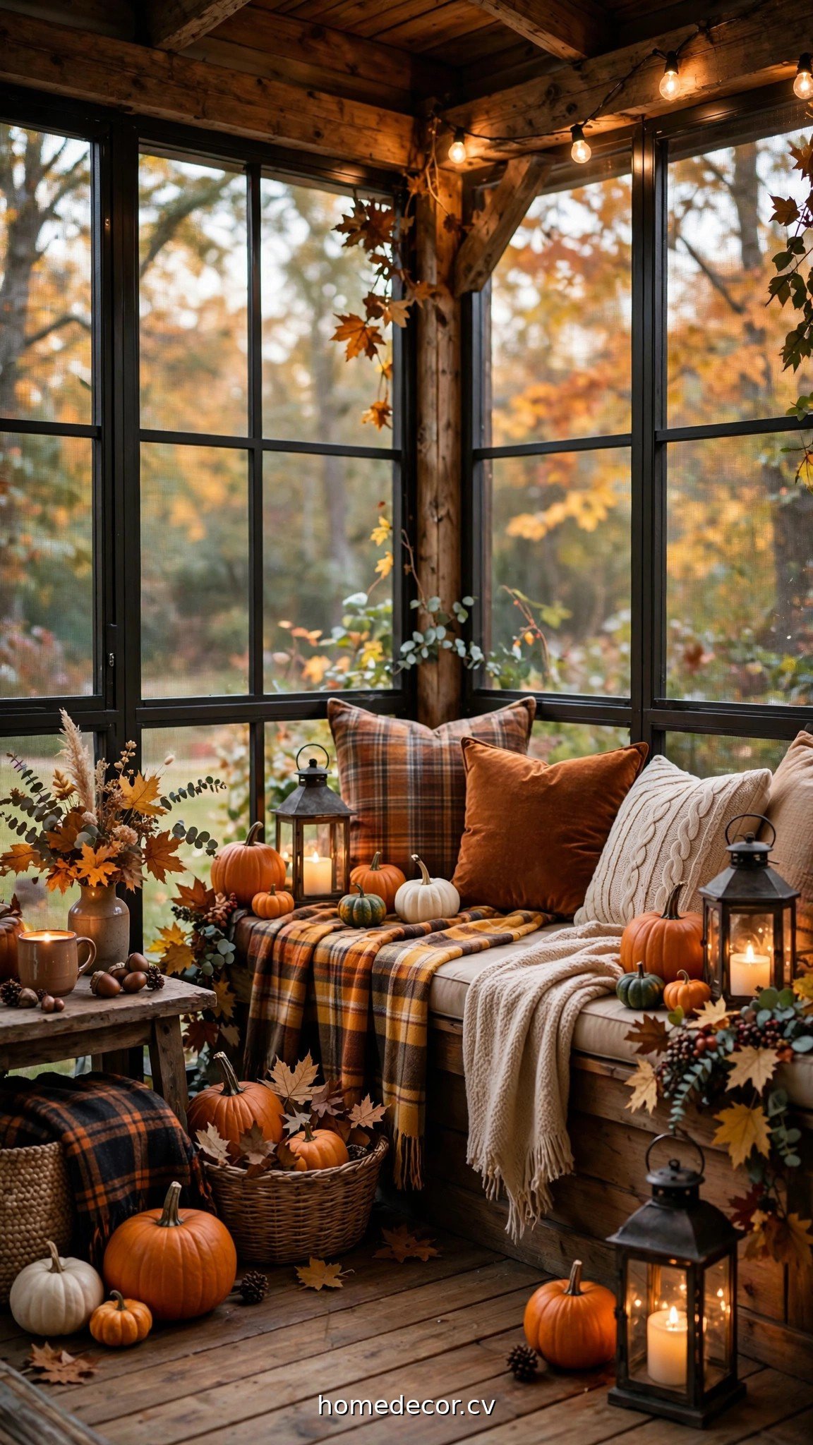 Screened in porch styled for fall with pumpkins, plaid throws and warm lanterns