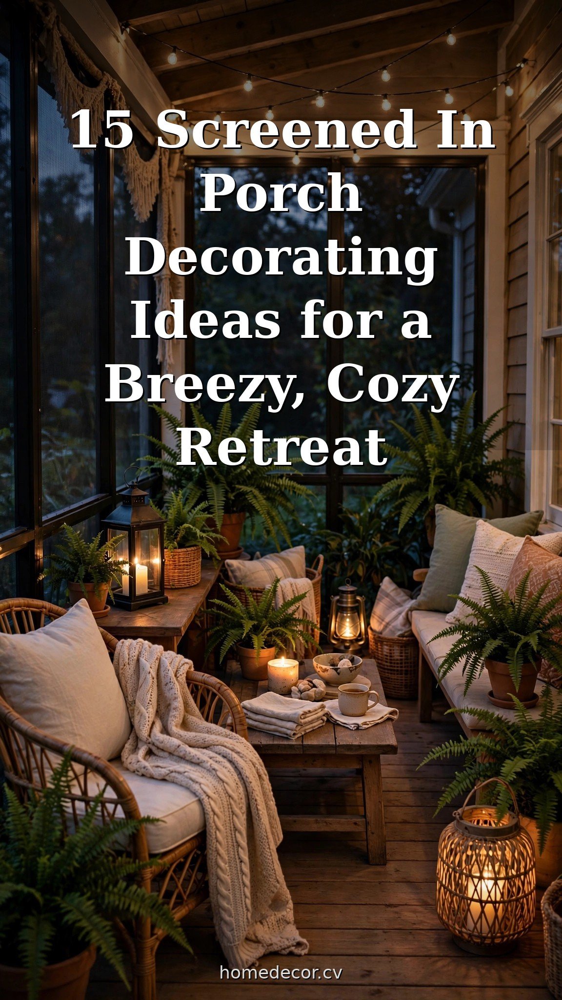 Pinterest pin: 15 Screened In Porch Decorating Ideas for a Breezy, Cozy Retreat