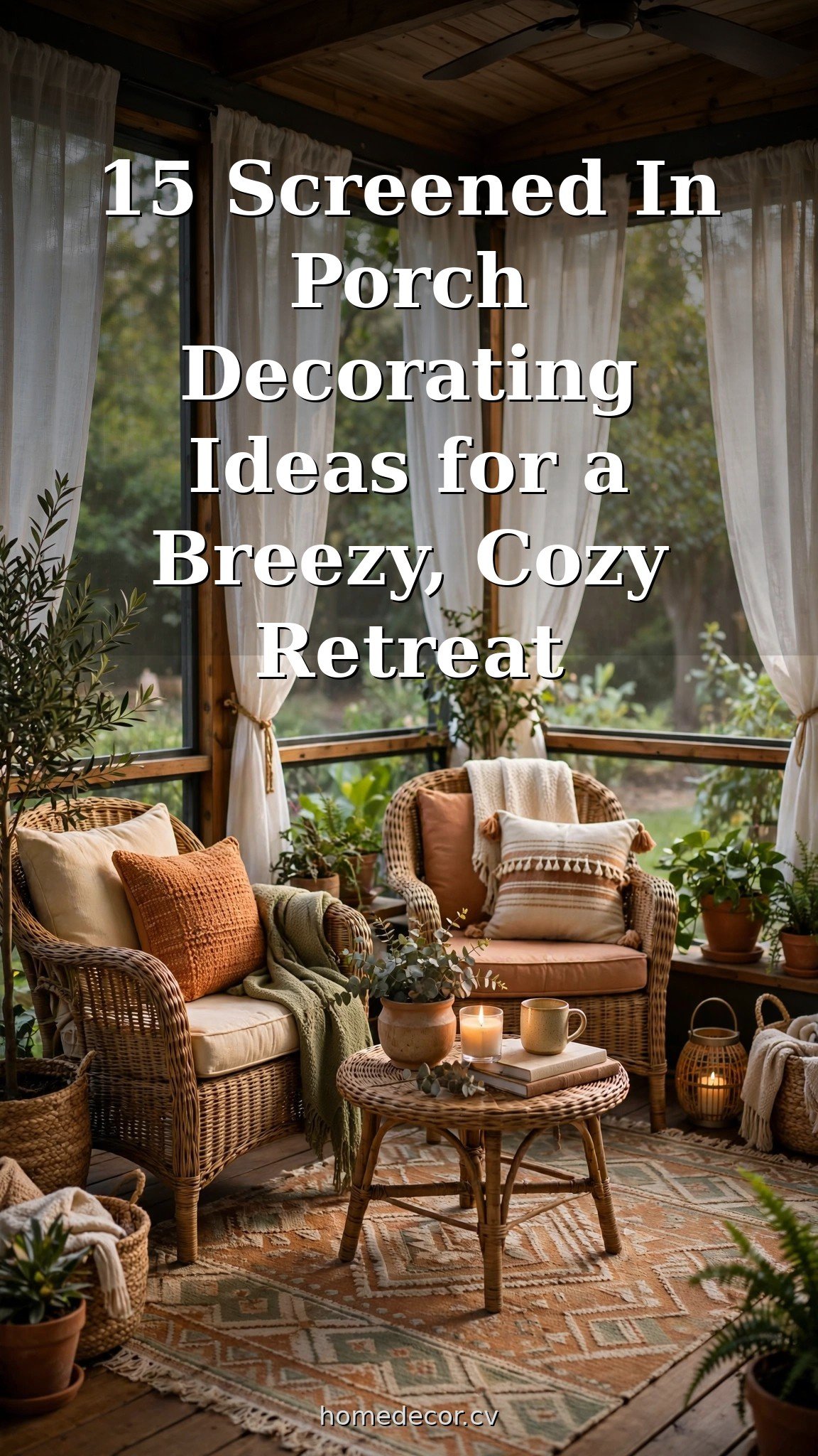Pinterest pin: 15 Screened In Porch Decorating Ideas for a Breezy, Cozy Retreat