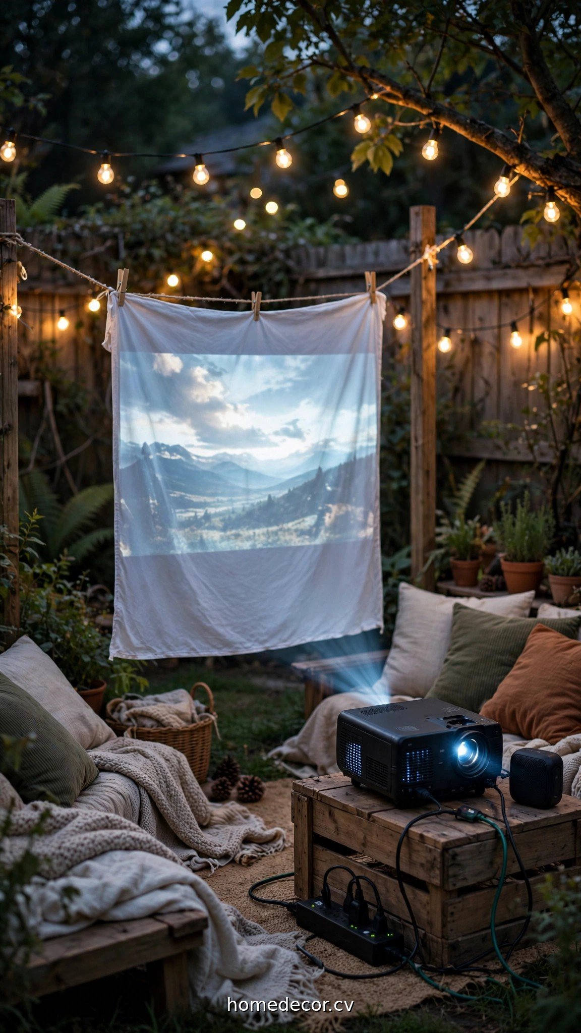 Backyard movie night projector setup with a white sheet screen glowing at dusk
