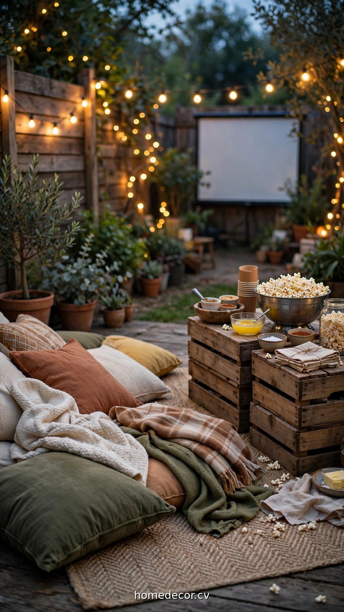 Cozy backyard movie night seating with blankets, cushions and a popcorn station