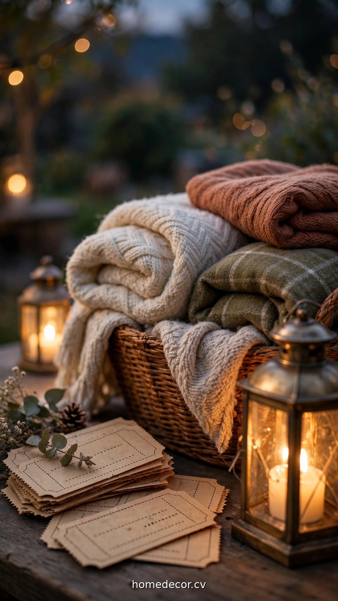 Backyard movie night details with paper tickets, lantern lighting and cozy blankets
