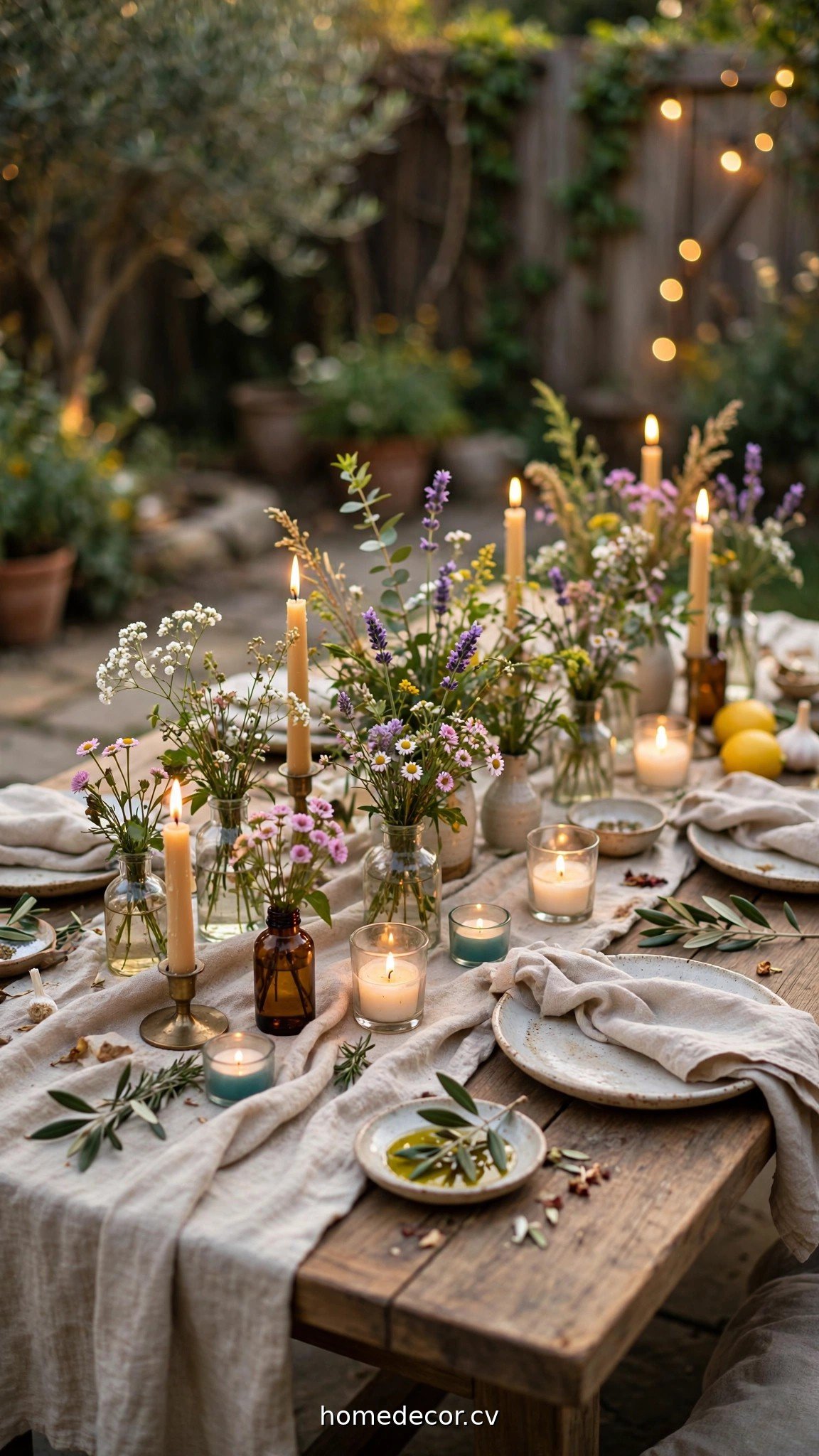 Pinterest-style backyard party table with linen runner, wildflowers and candles
