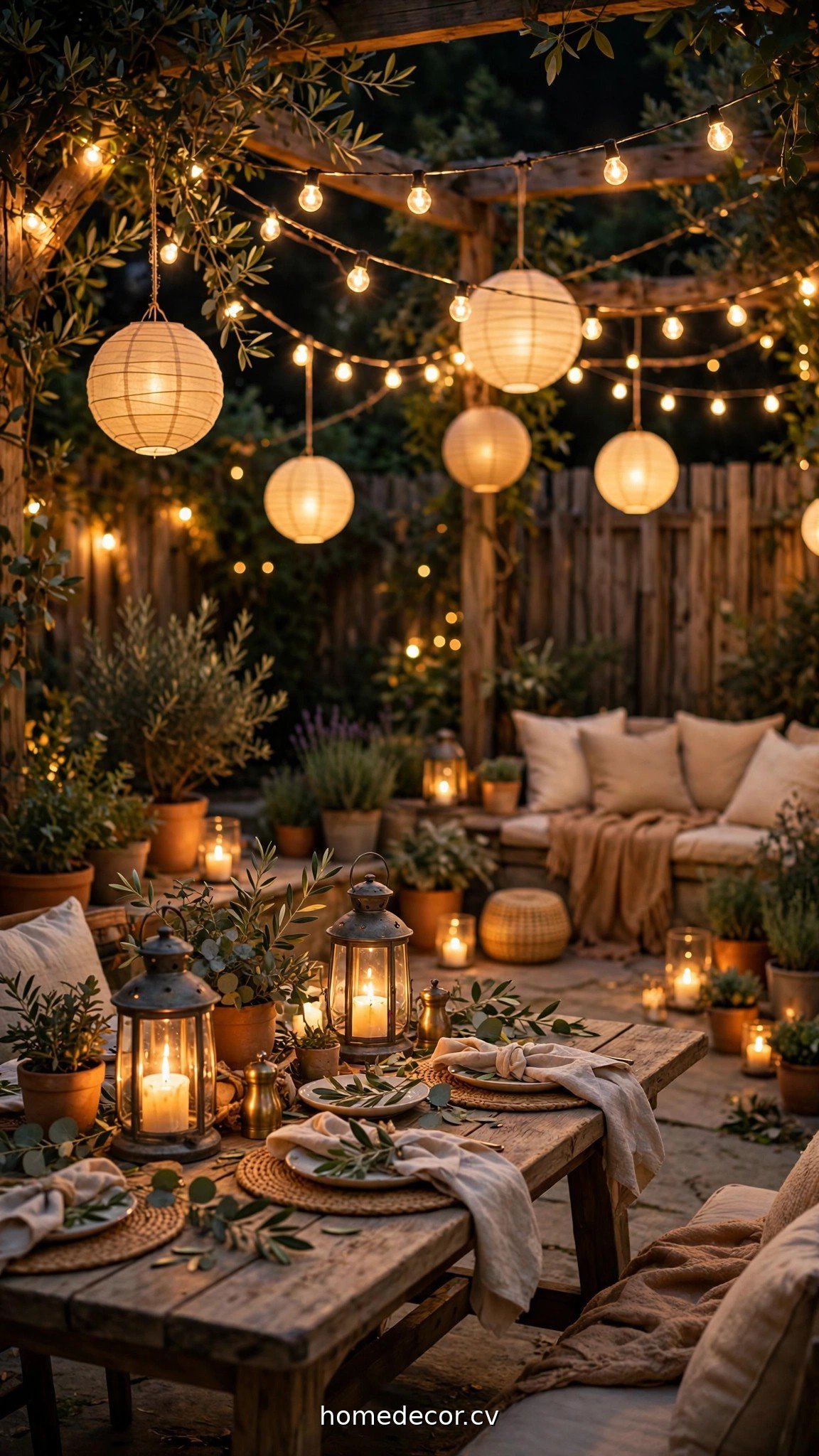 Backyard party glowing with string lights, paper lanterns and candle lanterns