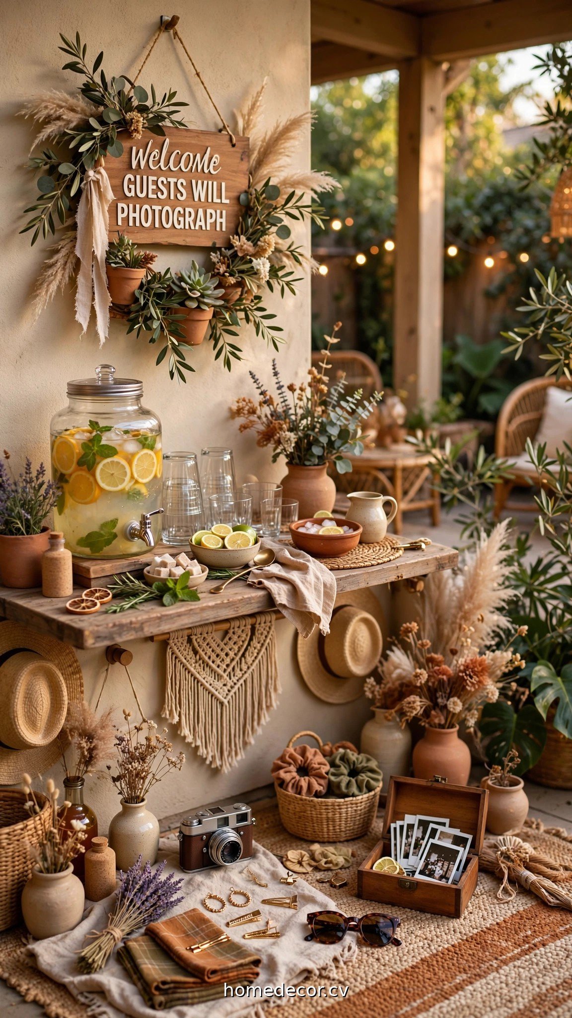 Backyard party details with a welcome sign, drink station and photo corner