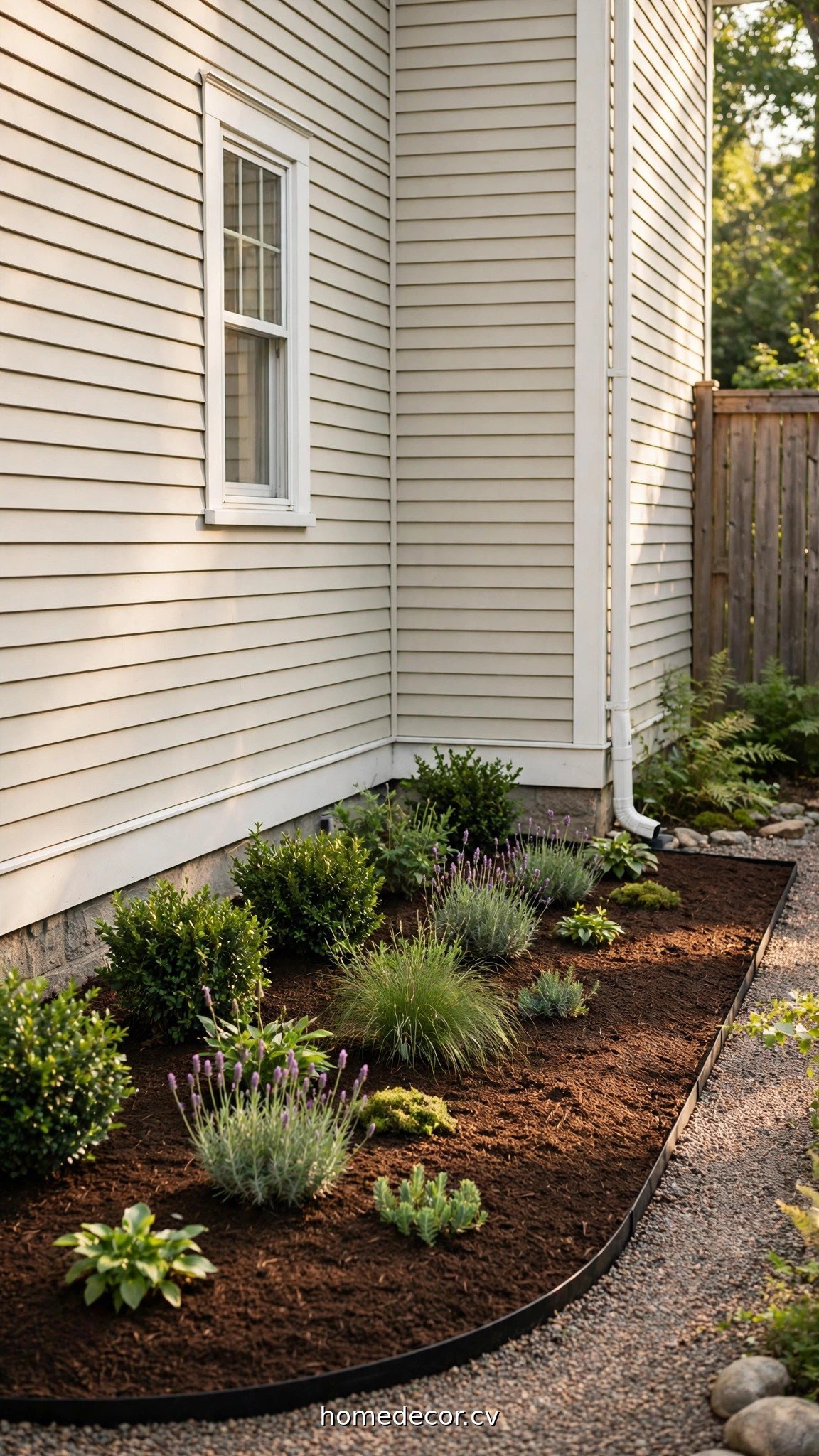 Tidy side of house with fresh mulch, clean edging and a neat bed