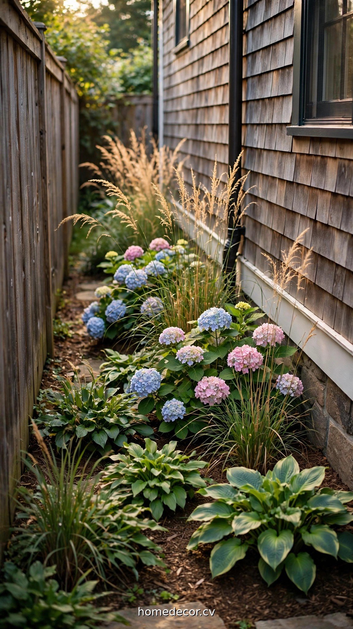 Narrow side yard bed with hydrangeas, ornamental grasses and hostas along the house