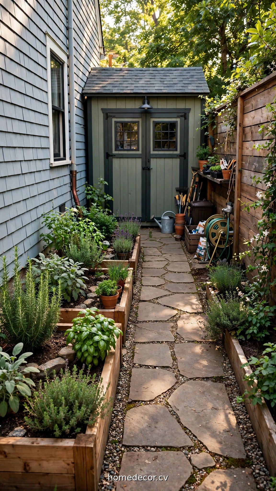 Functional side yard with a storage shed, herb garden and tidy walkway