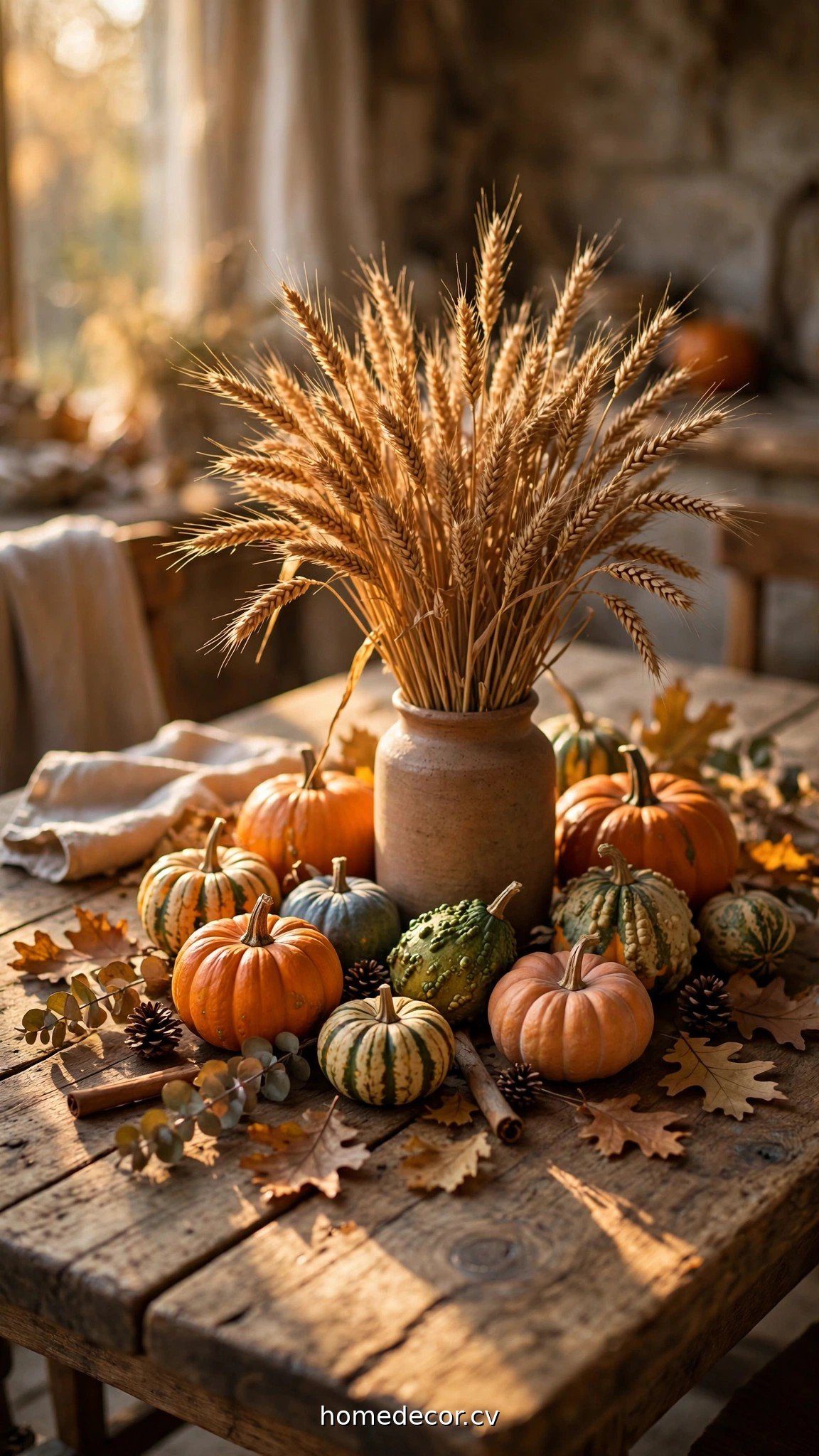 Fall table centerpiece with pumpkins, gourds and dried wheat in warm light