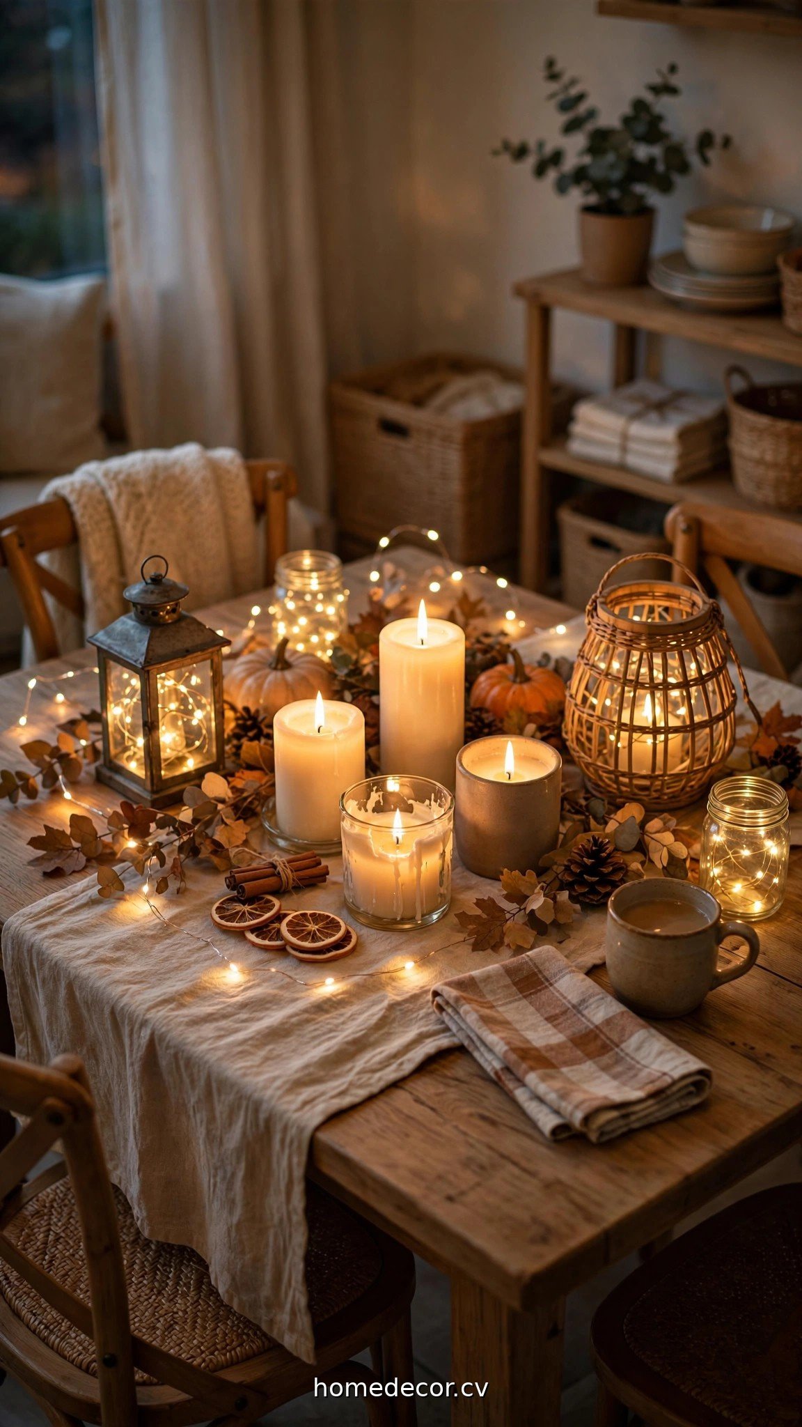 Fall dining table glowing with pillar candles, lanterns and fairy lights