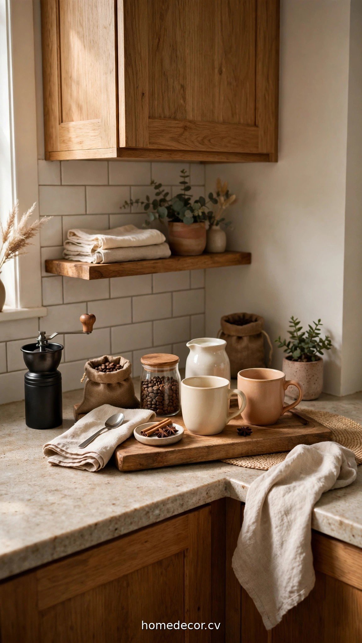 Small kitchen coffee station on a counter corner with a wooden tray and mugs