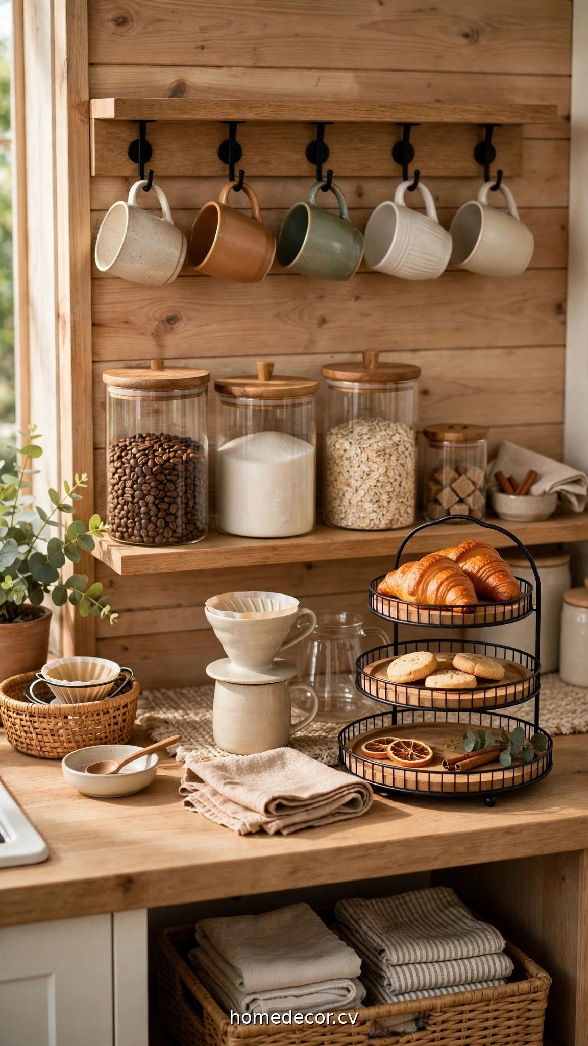 Organized coffee station with glass canisters, mug hooks and a tiered tray
