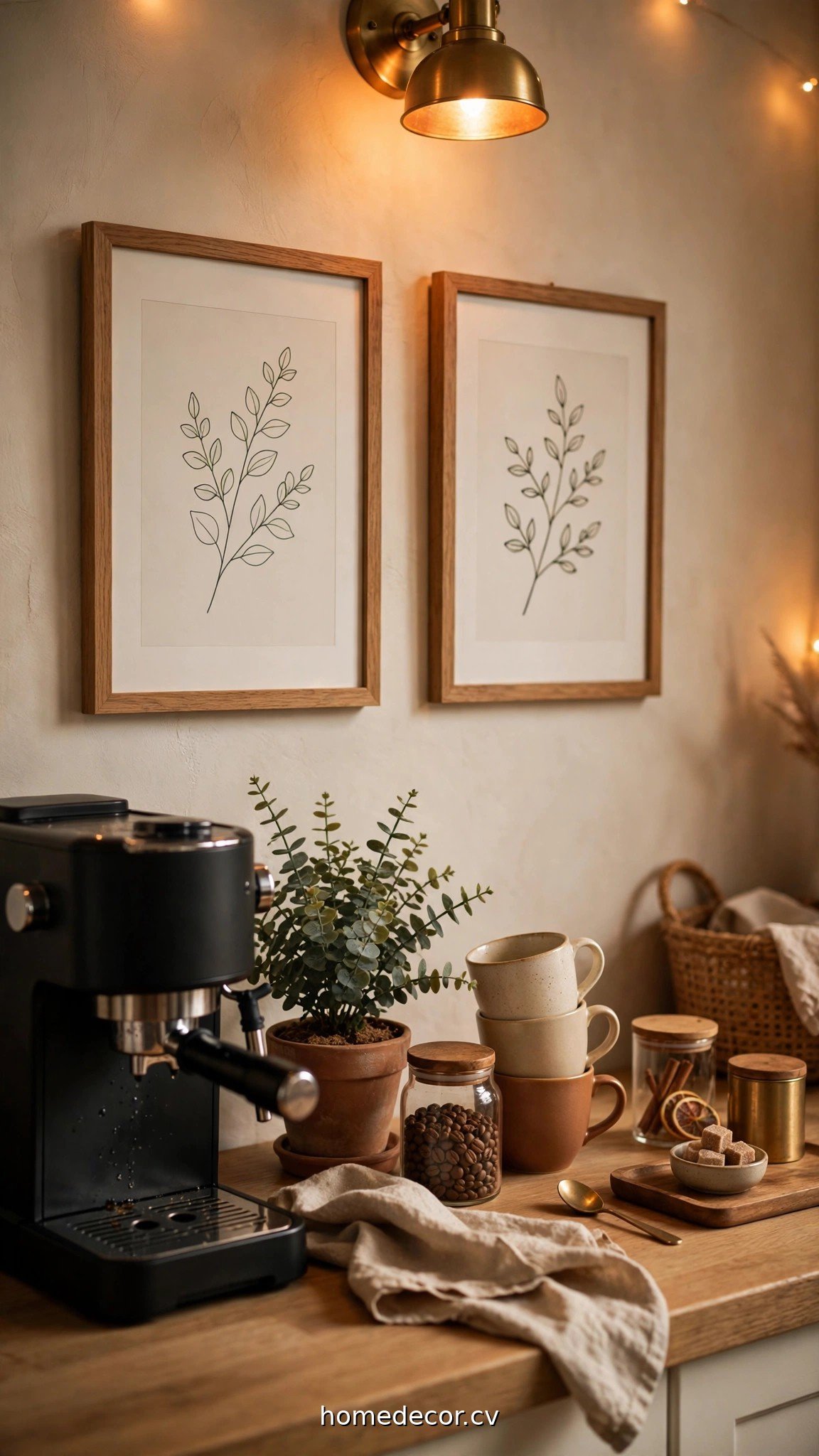 Styled coffee station with framed art, a small plant and warm lighting