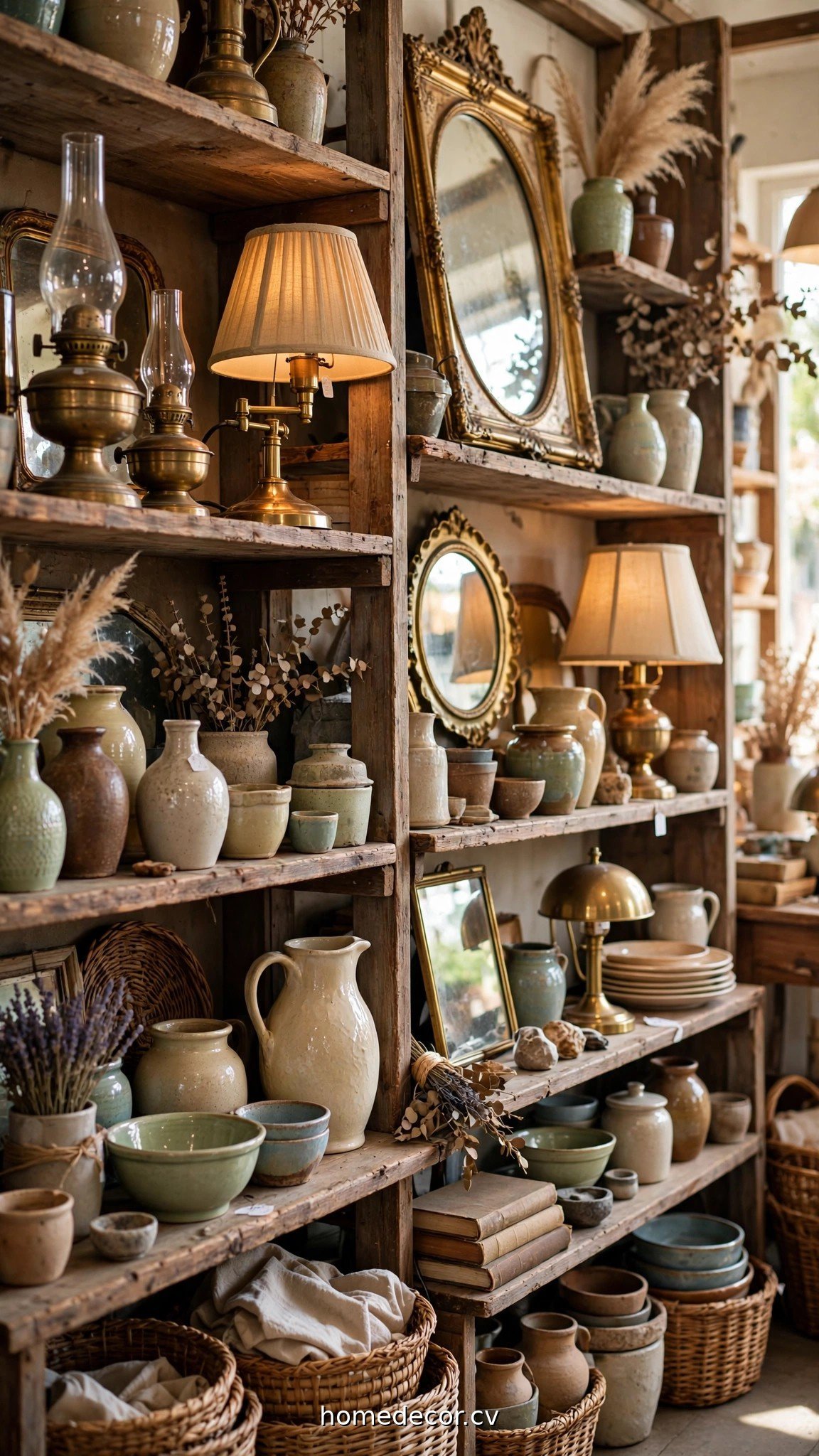Thrift store shelves with vintage brass lamps, mirrors and ceramics